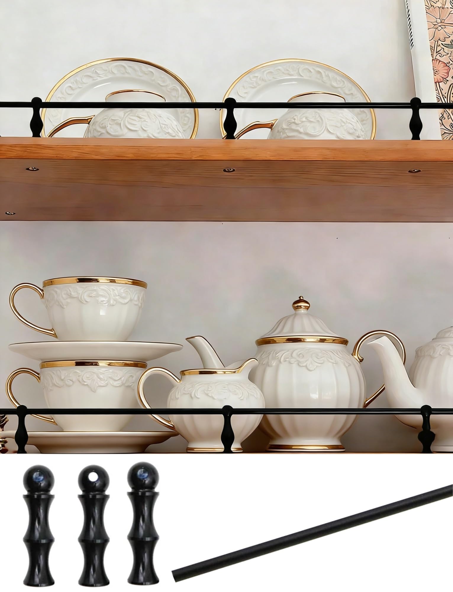 MRVAKDYDI Long Floating Shelf Railing Rod, Decorative Gallery Rail Kit for Wood Shelves, Metal Spindles, Black, Multiple Sizes(51cm/20in)