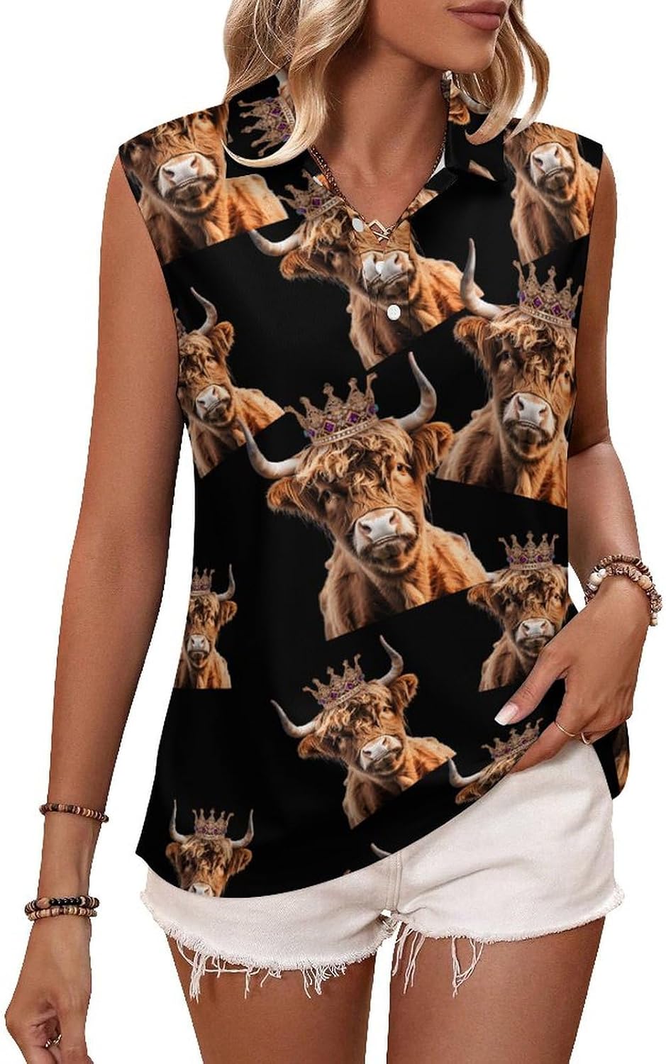 Highland Cow of King Women's Sleeveless Polo Tank Top Print T-Shirt Tops Casual Tops Summer Workout