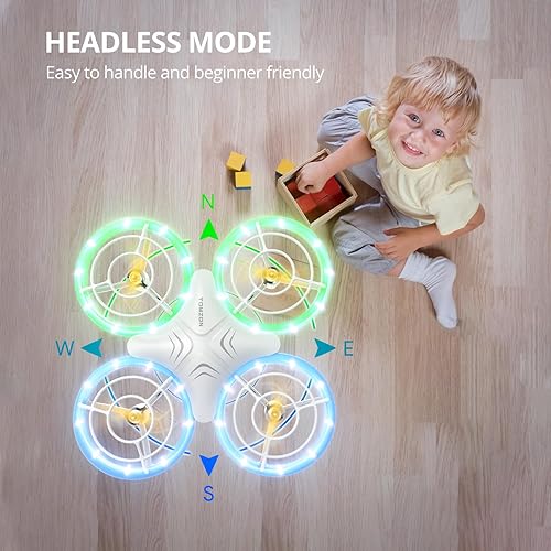 Miniatura 8 de TOMZON Drone A34 para niños con luces LED verdes y azules, Drone RC para niños con retención de altitud, giro 3D, modo sin cabeza y 3 velocidades,