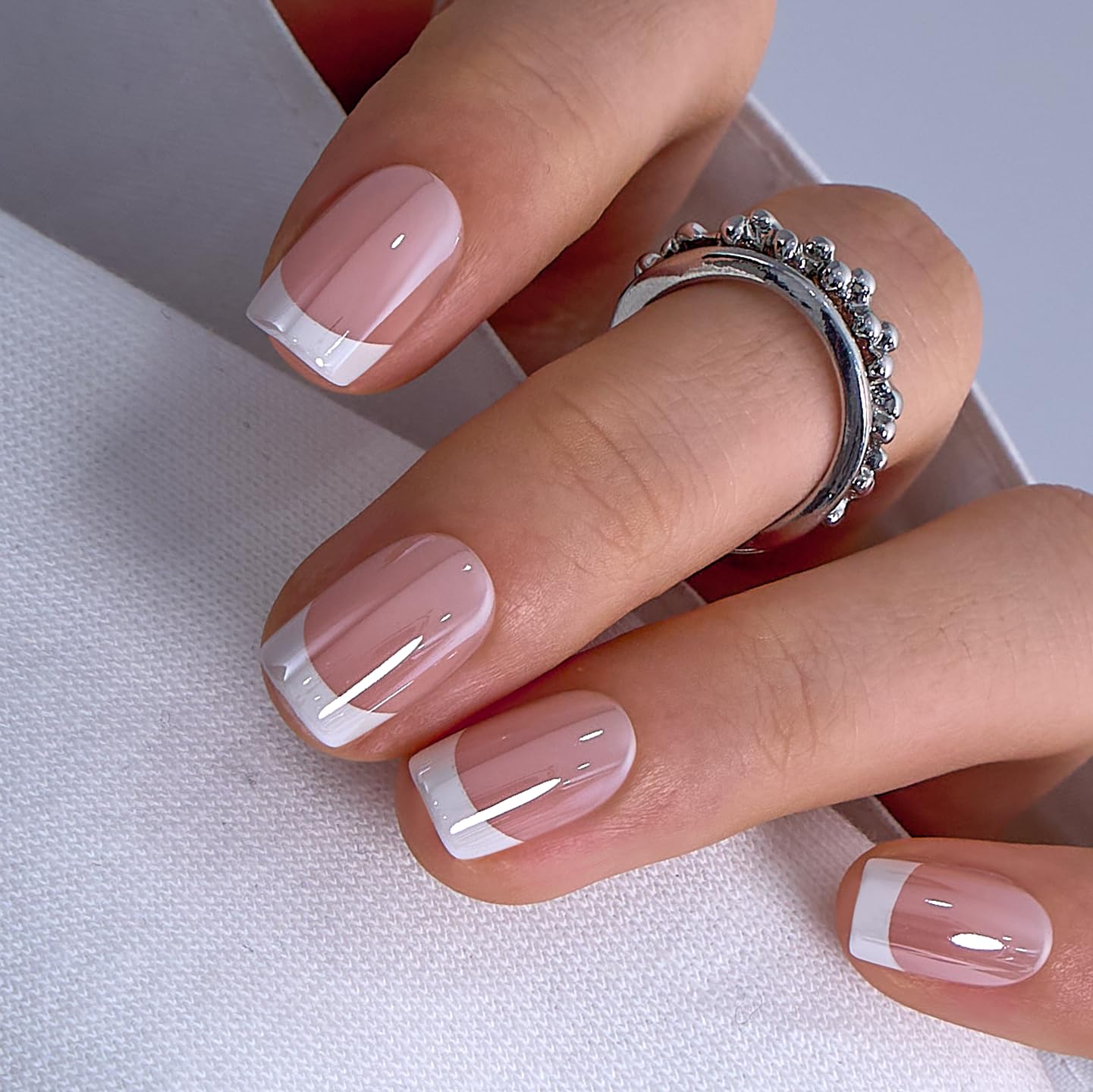 Curvlife Soft Gel Short Press on Nails Square French Fake Nails with Design Full Cover False Nails for Women Reusable Nail Kit with Nail Glue Adhesive