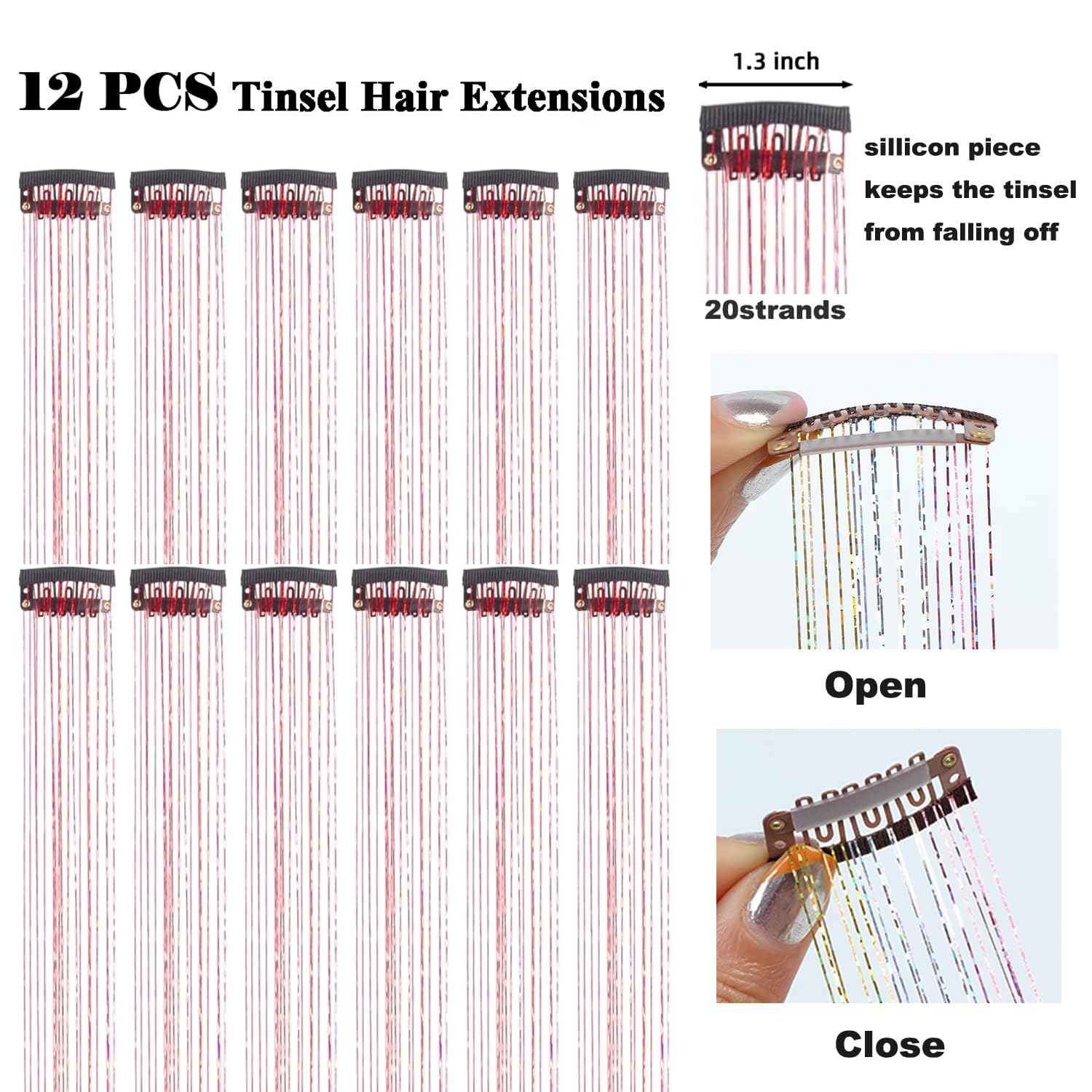 PORSMEER 12Pcs Clip in Hair Tinsel Kit,Colorful Red Glitter Heat Resistant Hair Tinsel Extensions Fairy Hair with Clips - Image 2