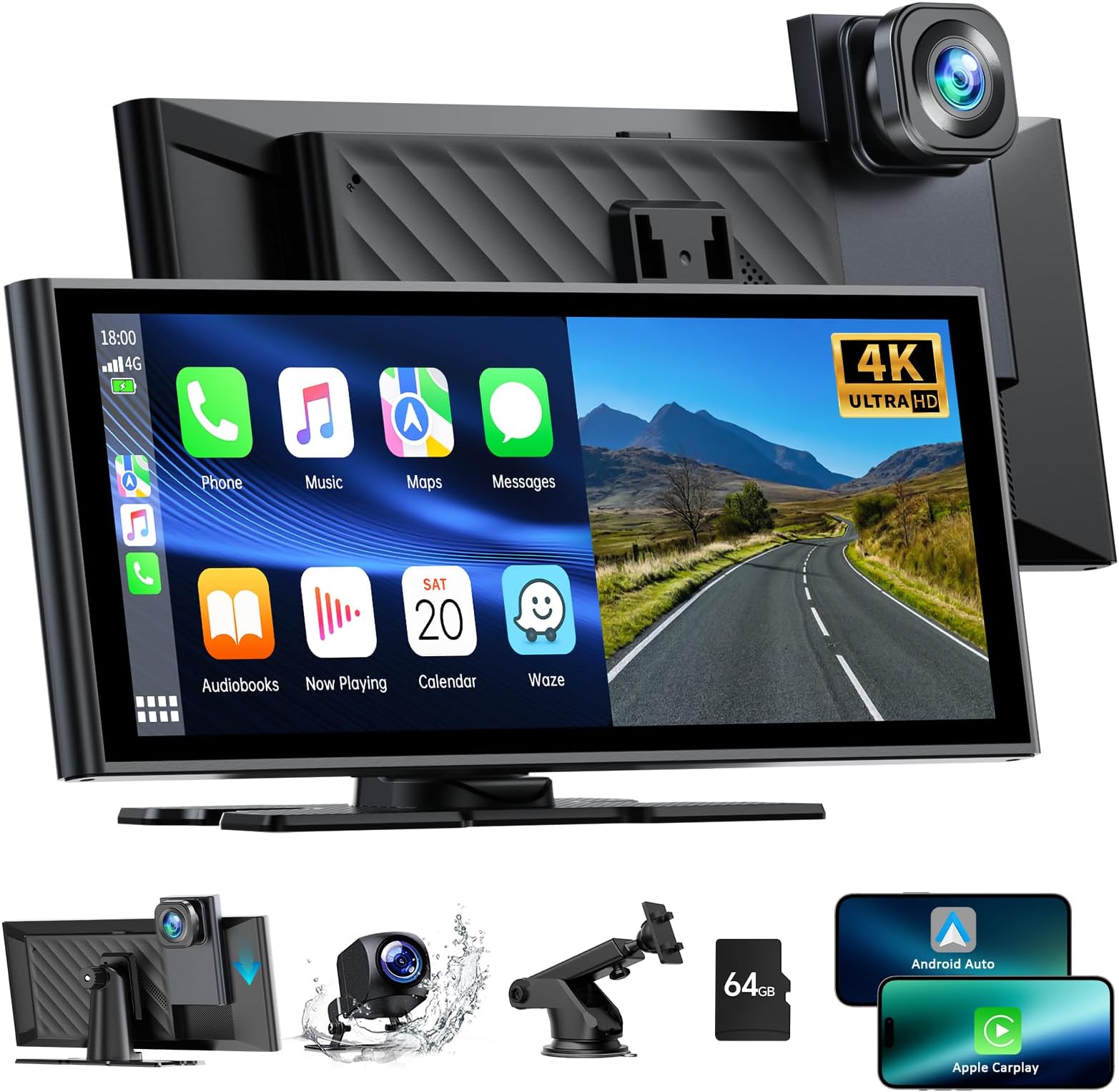 LAMTTO Wireless Car Stereo for Apple Carplay with 4K Dash Cam Front and Rear, 9.26'' Touch Screen Carplay Car Radio,1080P Backup Camera/Loop Recording/GPS Navigation/Mirror Link/64G TF