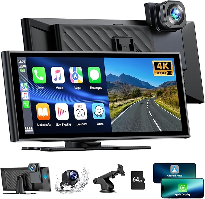 LAMTTO Wireless Car Stereo for Apple Carplay with 4K Dash Cam Front and Rear, 9.26