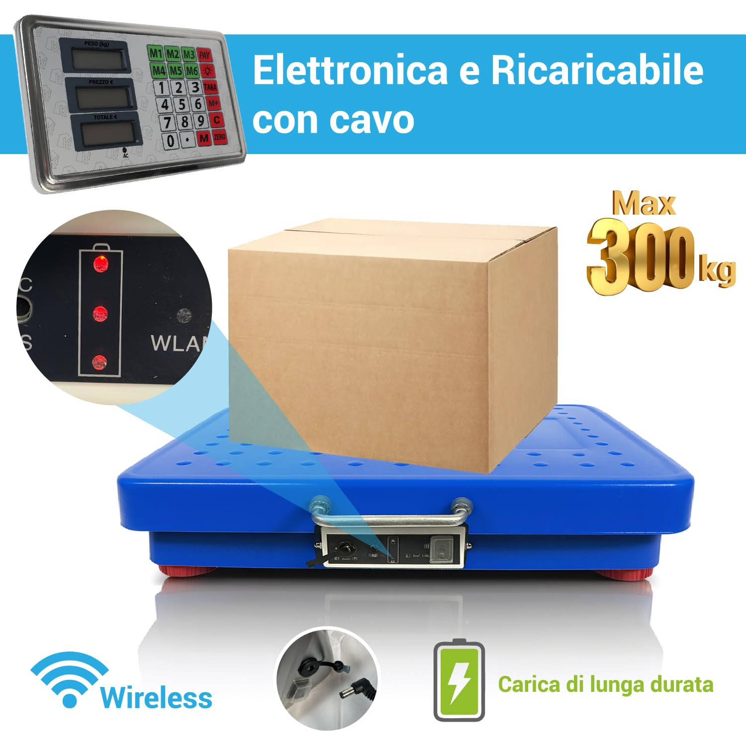 Crisalide Báscula de plataforma industrial inalámbrica 300 kg – Pantalla LED, plataforma de acero inoxidable, recargable con cable – 2 fuentes de alimentación incluidas – Báscula profesional