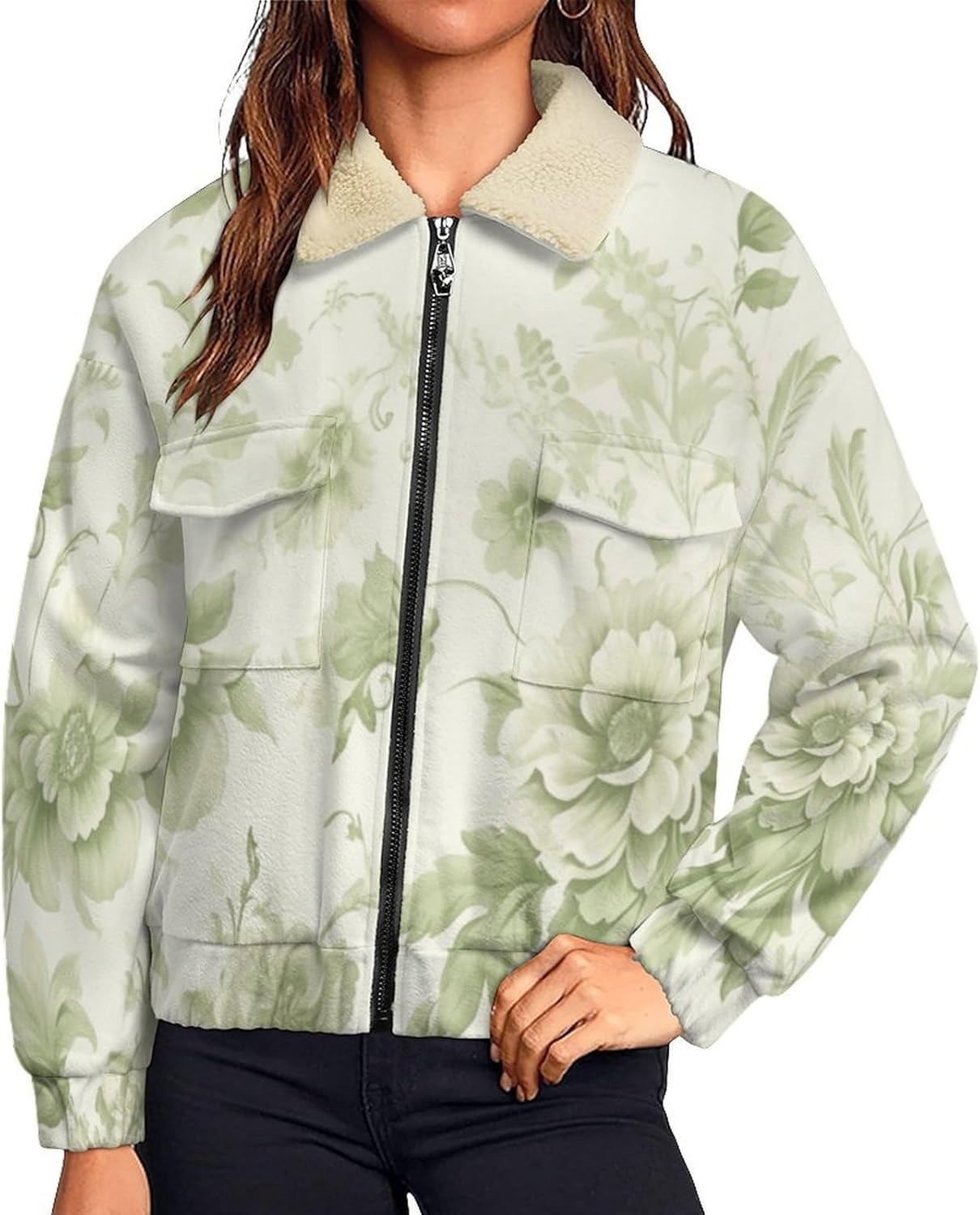 Womens Sherpa Lined Coats, Winter Warm Full Zip Retro floral Printed Fleece Thicken Casual Long Sleeve Jackets
