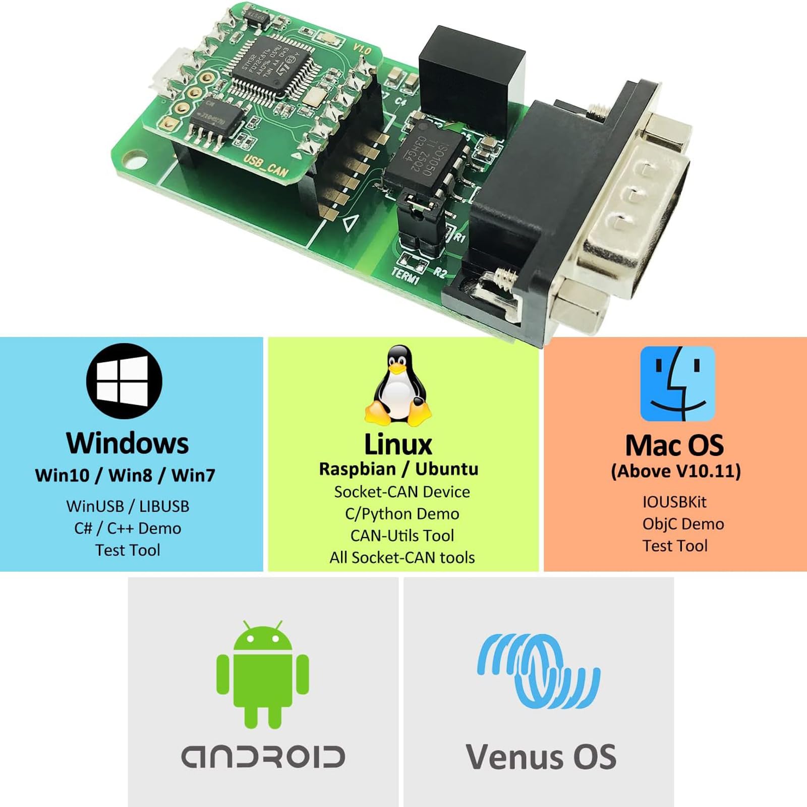 InnoMaker Konwerter USB-CAN dla Raspberry Pi 5/4/Pi3B+/Pi3/Pi Zero(W)/Jetson Nano/Tinker Board/SBCs, obsługuje Windows, Linux, MacOS, Android, Venus OS