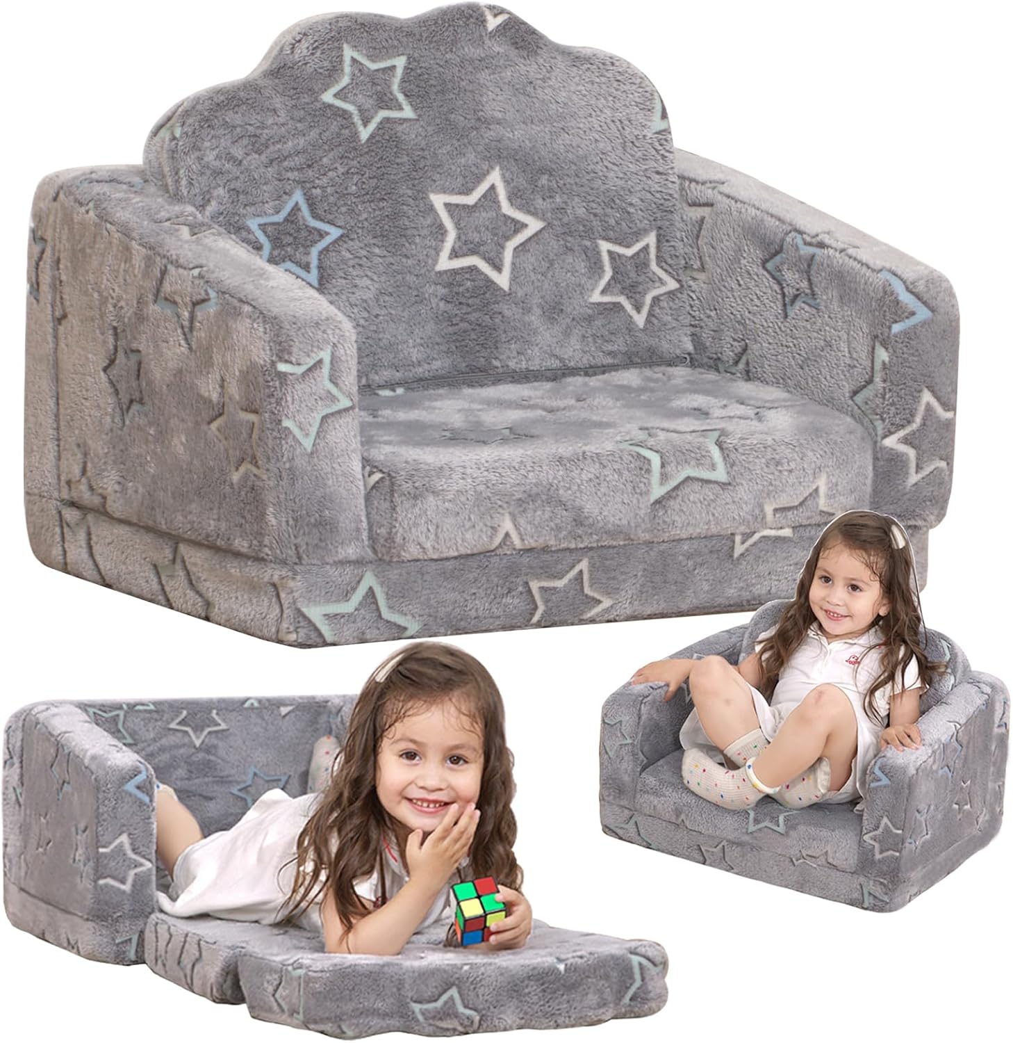 Play Couch Sofa for Kids Fold Out Flip Out Kids Sofa Chair 2 in 1 Convertible Sofa to Lounger for Girls and Boys (Grey)
