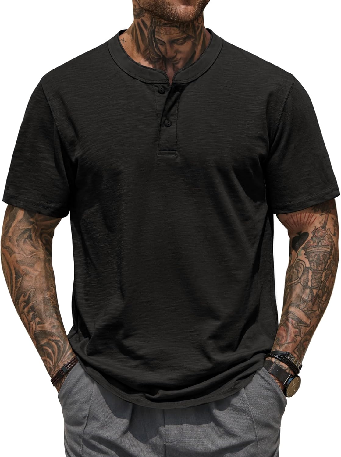 Herberton Mens Henley Shirts Casual Loose Fit Stretch Plain Short Sleeve T-Shirts (S-XXL)