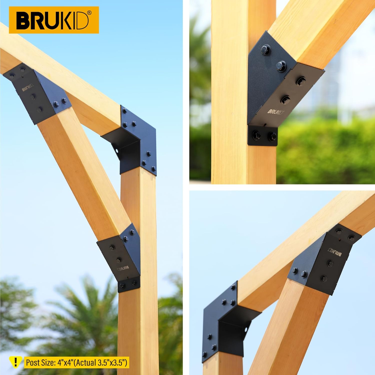 4pc 45°-Degree Angle Support Bracket, 4x4 (Actual 3.5''x3.5'') Angle Bracket, Suitable for Pergolas, Gazebo, Deck Porch, Cabin Elevated Wood Support Bracket kit (Frosted-Black)