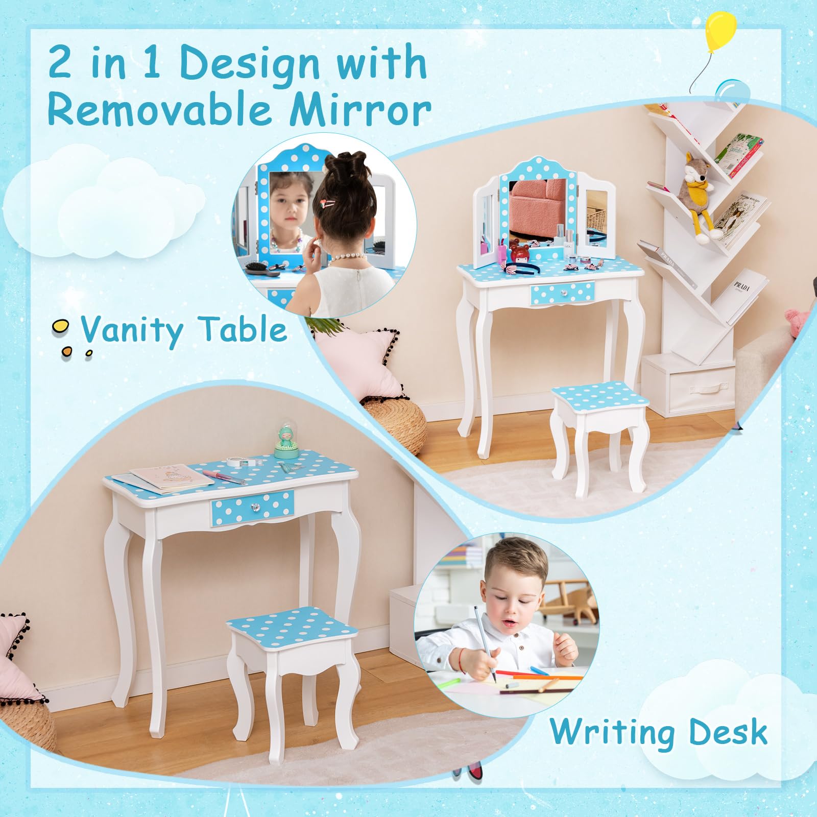 RELAX4LIFE Toeletta Trucco per Bambina, Specchiera Trucco con Sgabello e Cassetto, Toeletta in Legno, Specchio Rimovibile, per Bambini 3+ Anni (60 x 27,5 x 97,5 cm, Pois Blu)
