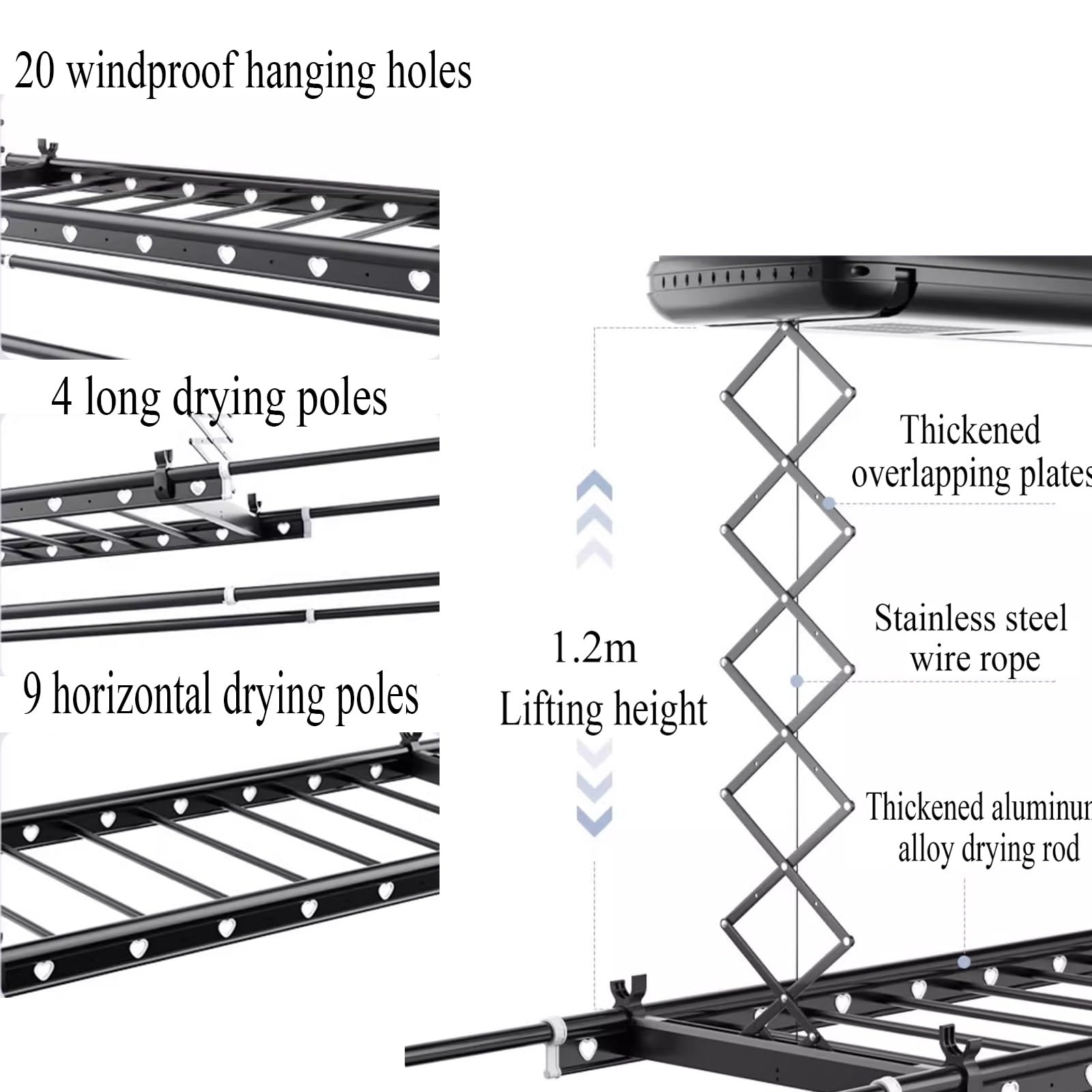 Faltbarer Wäscheständer, 35 kg Kapazität, einziehbar 130–230 cm, Deckenmontage, geräuscharm