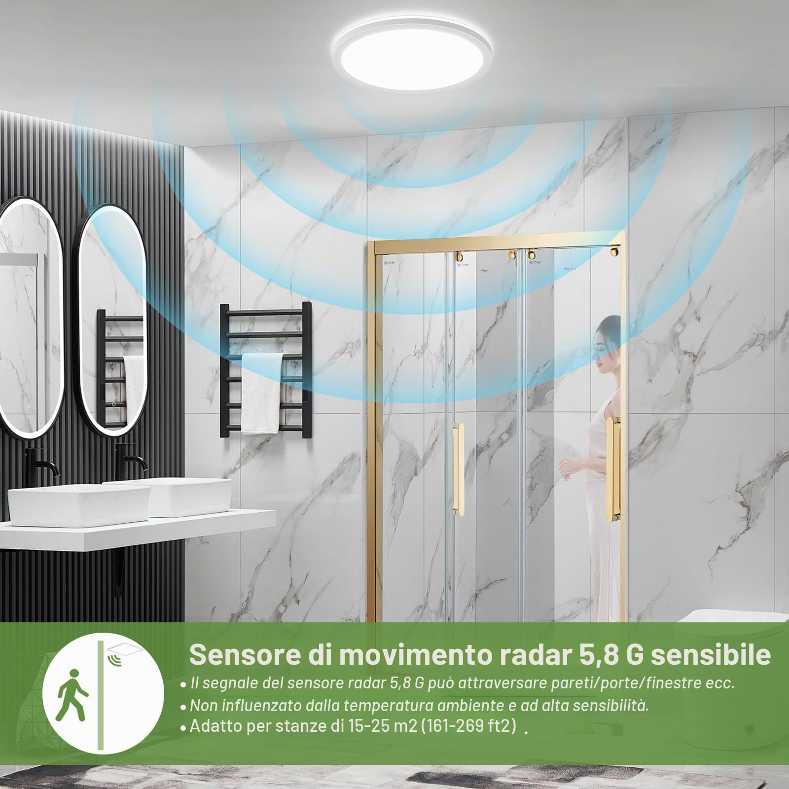 LEZOE Plafoniera LED con rilevatore di movimento dimmerabile, lampada da soffitto con sensore radar 24W 2400LM, lampada sensore 3000K/4000K/6500K bagno, garage, scale, cantina, corridoio, balcone 30cm