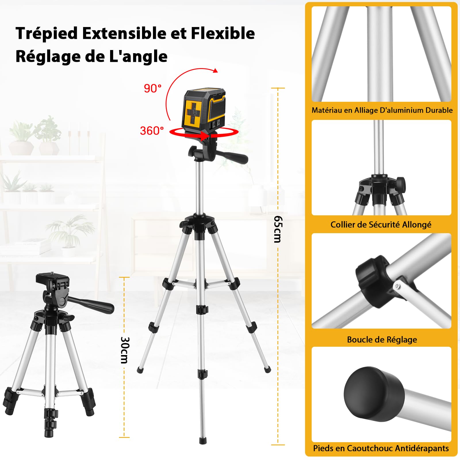 Niveau Laser,ASOBRIS Laser Chantier Autonivelant avec Trepied,Lazer Niveaux à Ligne Croisée Verte Pour Accrocher des Tableaux,Décoration,Carrelage Intérieur et Extérieur,2 x Batterie (4)
