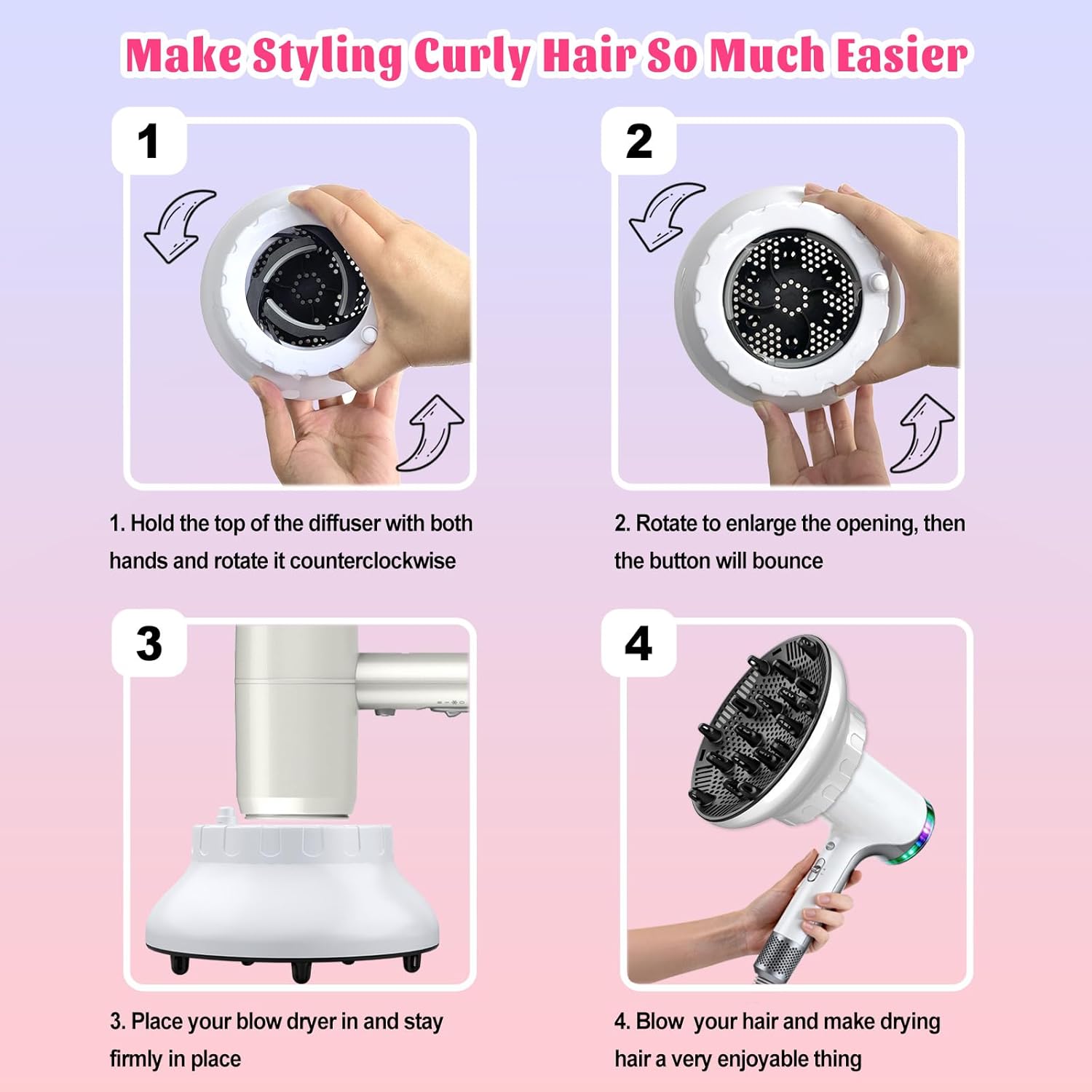 Universal Hair Diffuser for 1.4-3.1 Blow Dryers, Diffuser Hair Dryer Attachment, Professional Hair Diffuser for Curly Wavy Long Thick Hair, Reduces Frizz & Defines Curls, Home/Travel Use, White