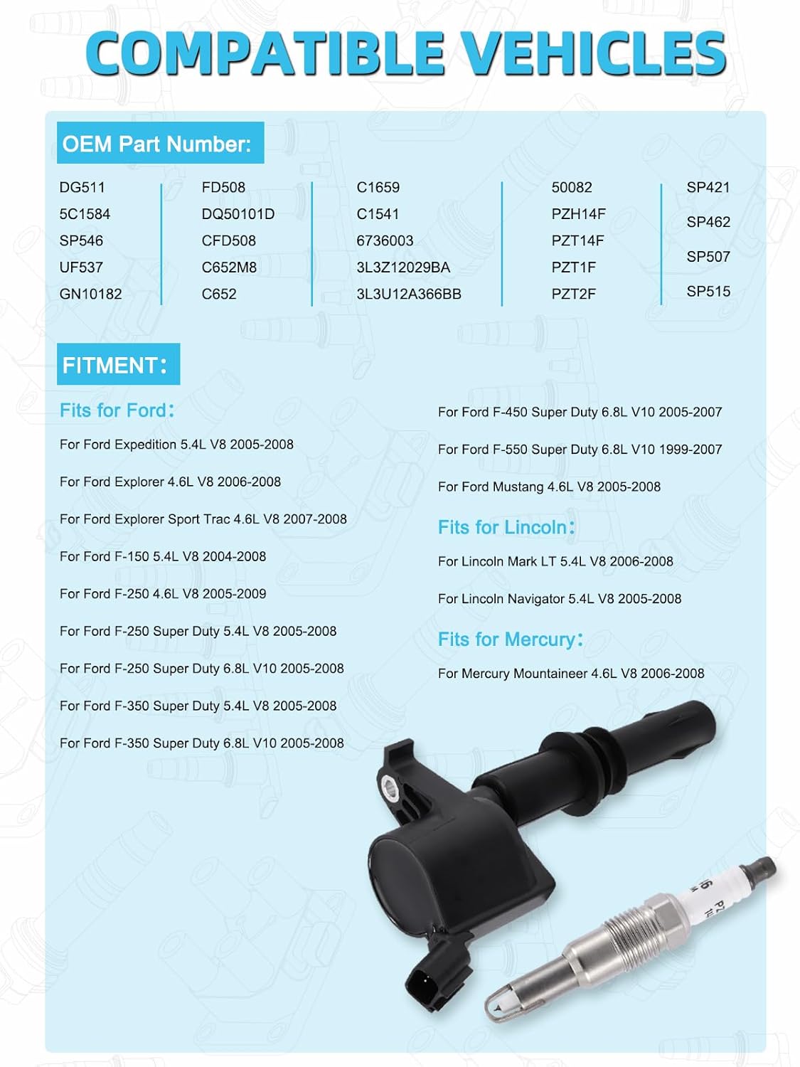 DG511 FD508 Ignition Coil Pack Spark Plug Platinum 8PCS (4.6L 5.4L 6.8L) 1999-2009 For Ford Expedition Explorer F150 F250 F350 F450 F550 Super Duty Mustang,For Lincoln Mark Navigator