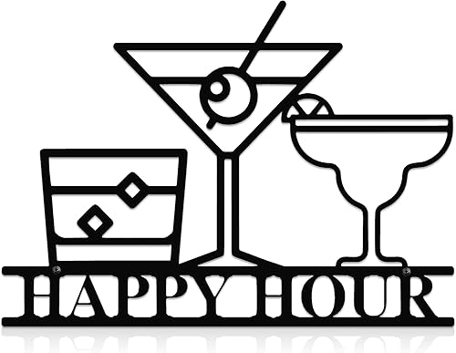 Arte de pared de barra de metal vintage Happy Hour - Decoración rústica de cóctel con acabado negro mate, accesorios de granja de 13.4 x 10.2