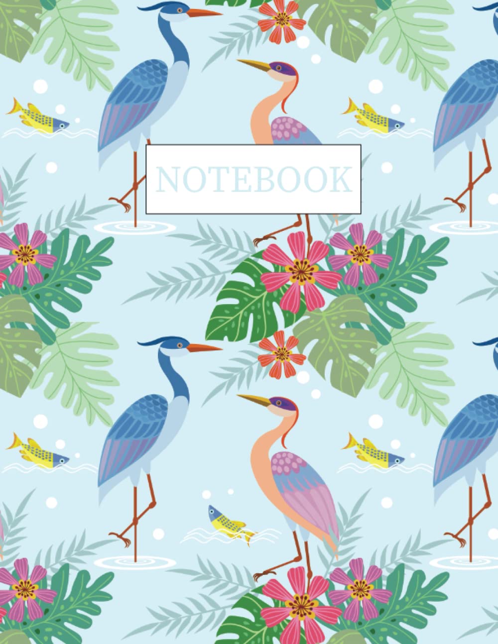 Notebook: Heron Bird And Flowers Composition Notebook: Notes College Ruled 120 pages - Large 8.5X11