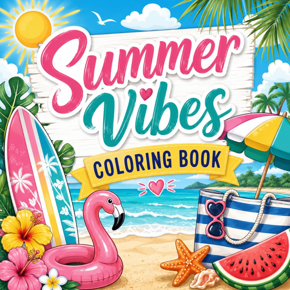 Summer Vibes Coloring Book: Bold and Easy Summer Coloring Book for Adults and Kids with Relaxing Tropical Scenes and Adorable Animals
