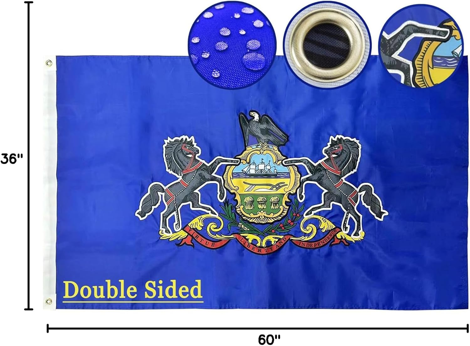 ROTERDON Pennsylvania State Flag 3x5 FT, Embroidered Pennsylvania Flags for Boat, USA PA Banner with Brass Grommets Double Stitched, 210D Heavy Duty Nylon Outdoor