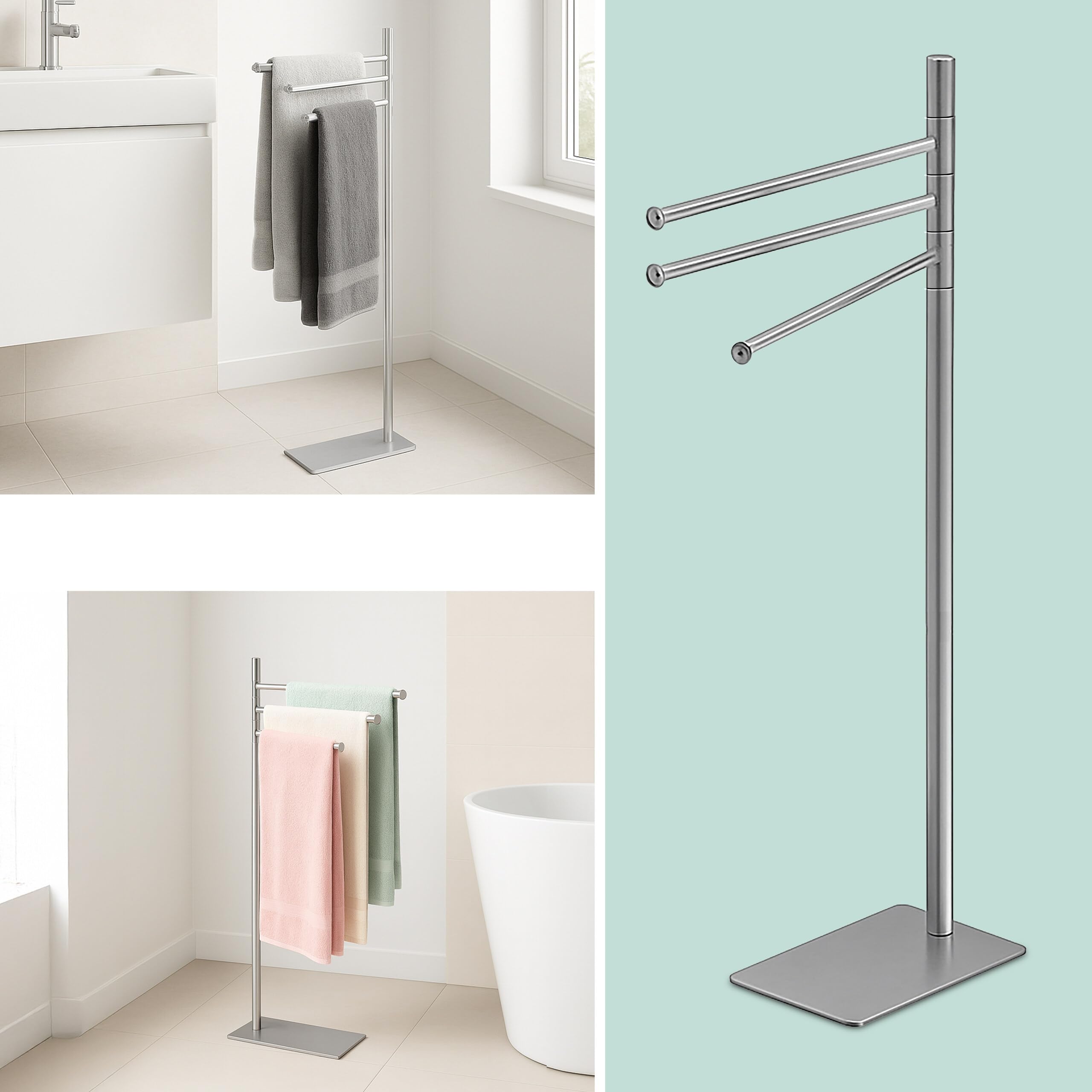 Relaxdays Porte-Serviettes Non Fixe, 3 Barres Mobiles, H x L x P : 83 x 33,5 x 14 cm, pour la Salle de Bain, Noir