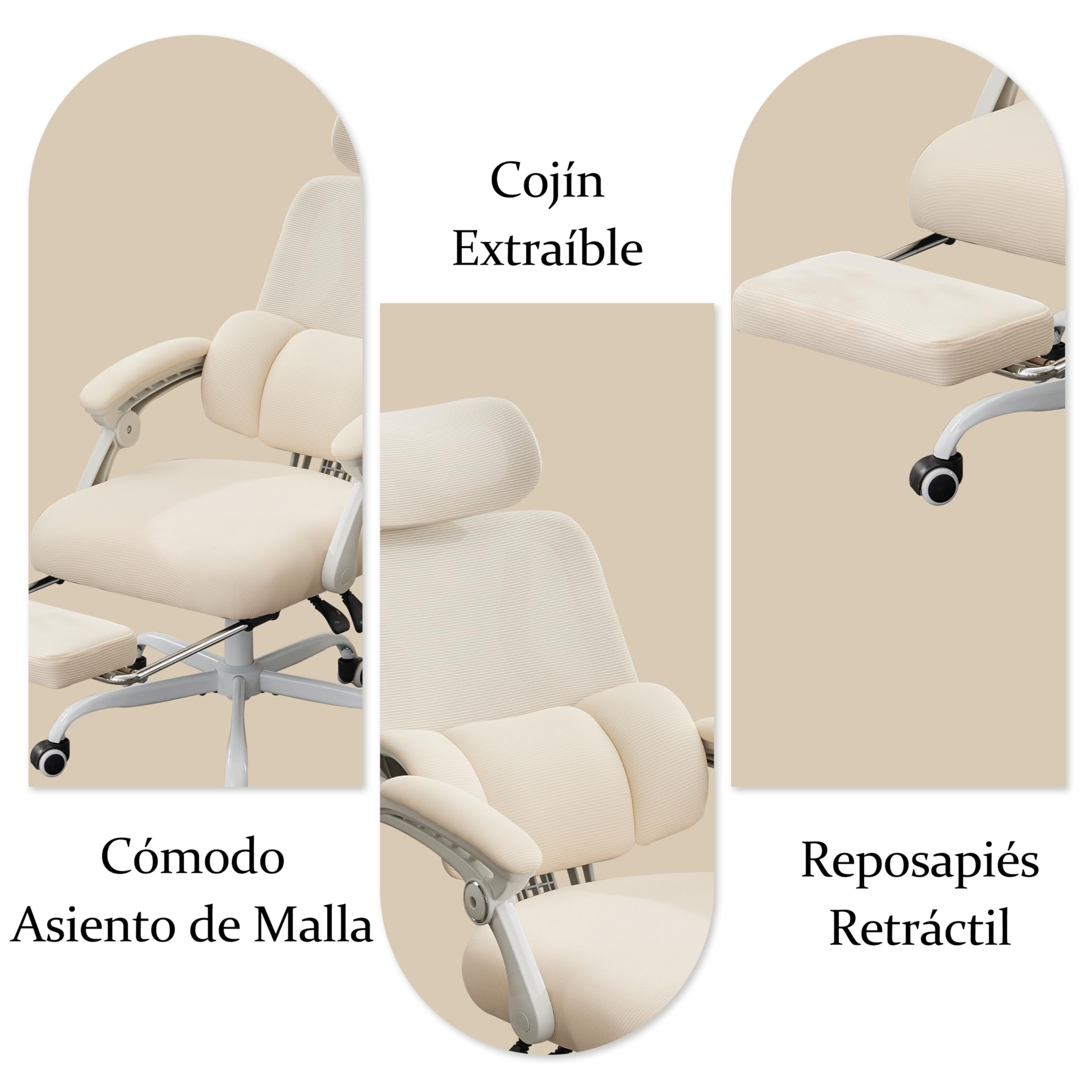 UEV Silla de Oficina Ergonómica Lumbar con Ajuste de 90°-135°, Silla de Oficina con Cómodo Soporte Corporal, Sillas Ergonómicas Estables y Funcionales, 64x64x(112-120) cm, Beige | Silla giratoria de escritorio, inclinable hasta 135°, altura regulable, sop