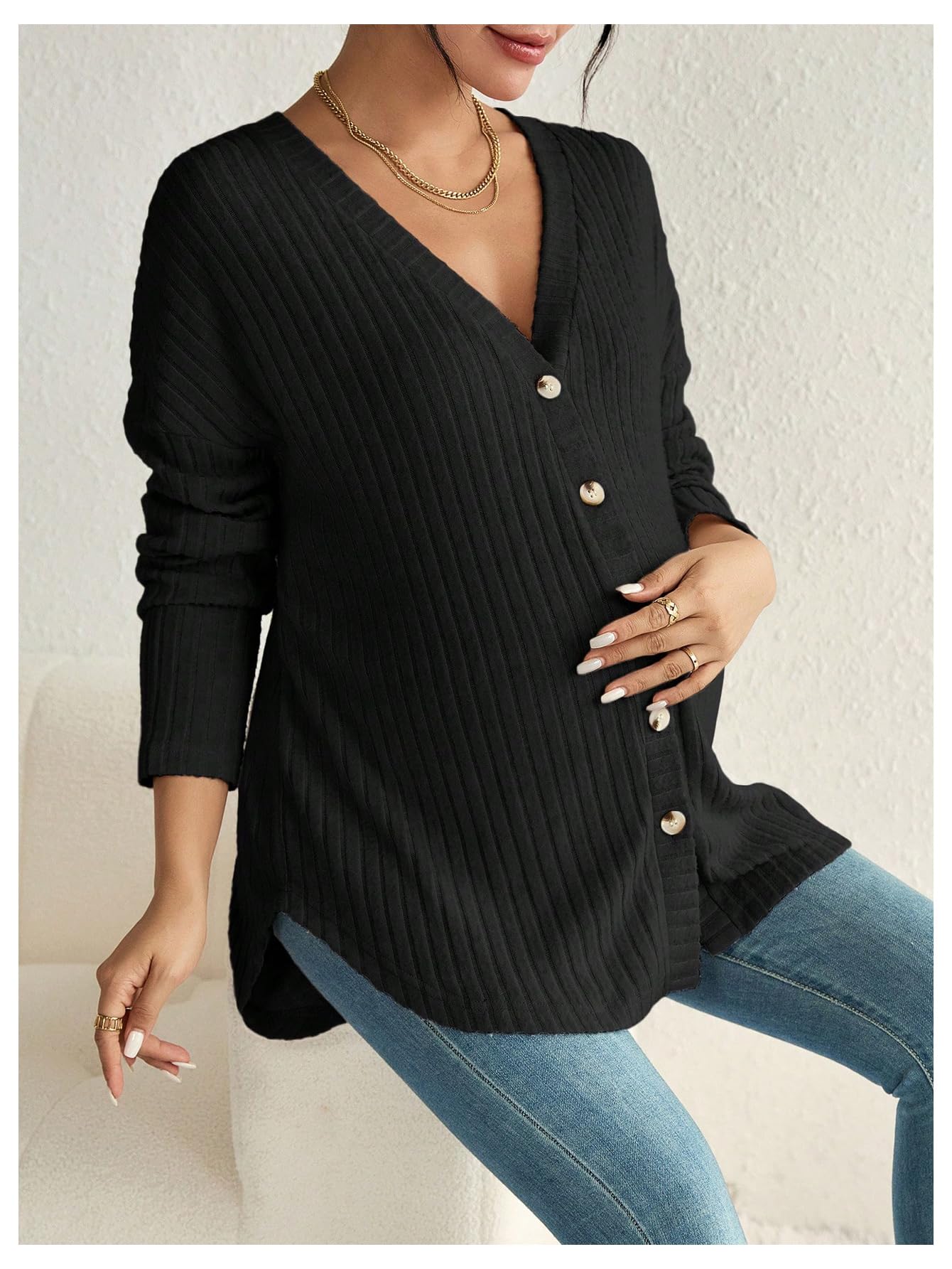 Giacca premaman da donna, con scollo a V, maniche lunghe, oversize, maglia a coste, maglione per gravidanza, morbido, confortevole, casual, abbottonatura frontale, top per allattamento e uso