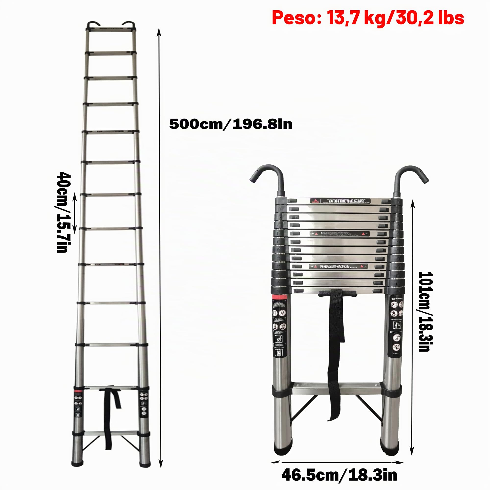 Escalera Telescópica con 2 Ganchos 5M/16.4FT Calera Extensible Multiusos para el Ático Escalera Plegable Portátil, 11 Peldaños, Carga Máxima 150kg, EN131
