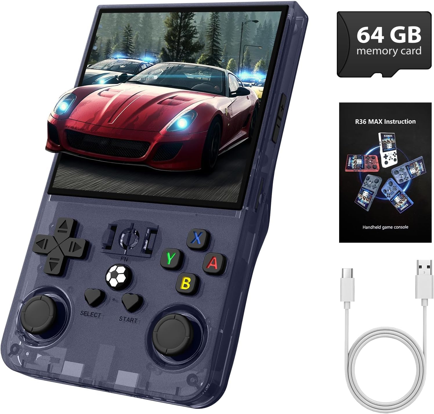 Console portatile retrò R36MAX, console per videogiochi retrò con 64 GB di memoria, schermo IPS HD da 4 pollici, batteria da 4000 mAh e oltre 30 emulatori principali, colore grigio.