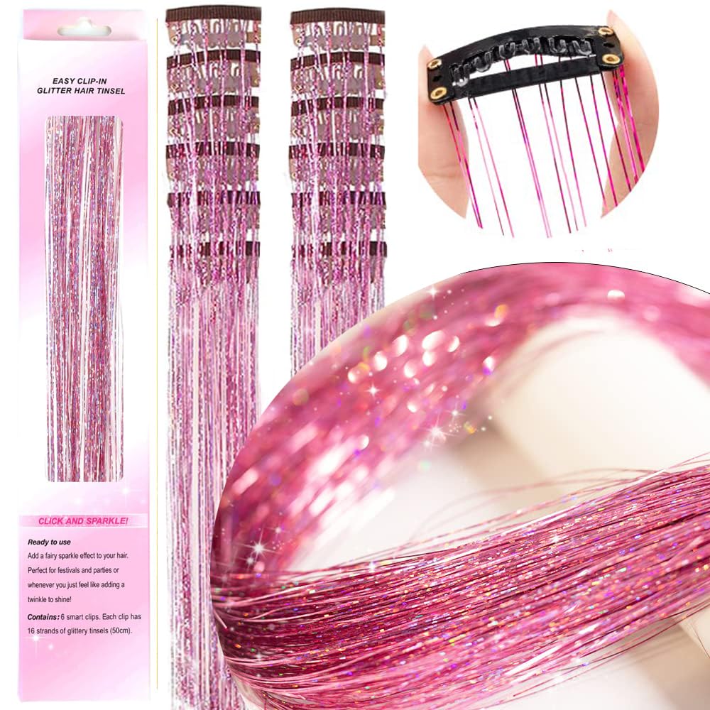 PORSMEER 12Pcs Clip in Hair Tinsel Kit,Colorful Pink Glitter Heat Resistant Fairy Tinsel Extensions with Clips,Sparkling Shiny Hair Accessories 20 Inch for Women - Image 3