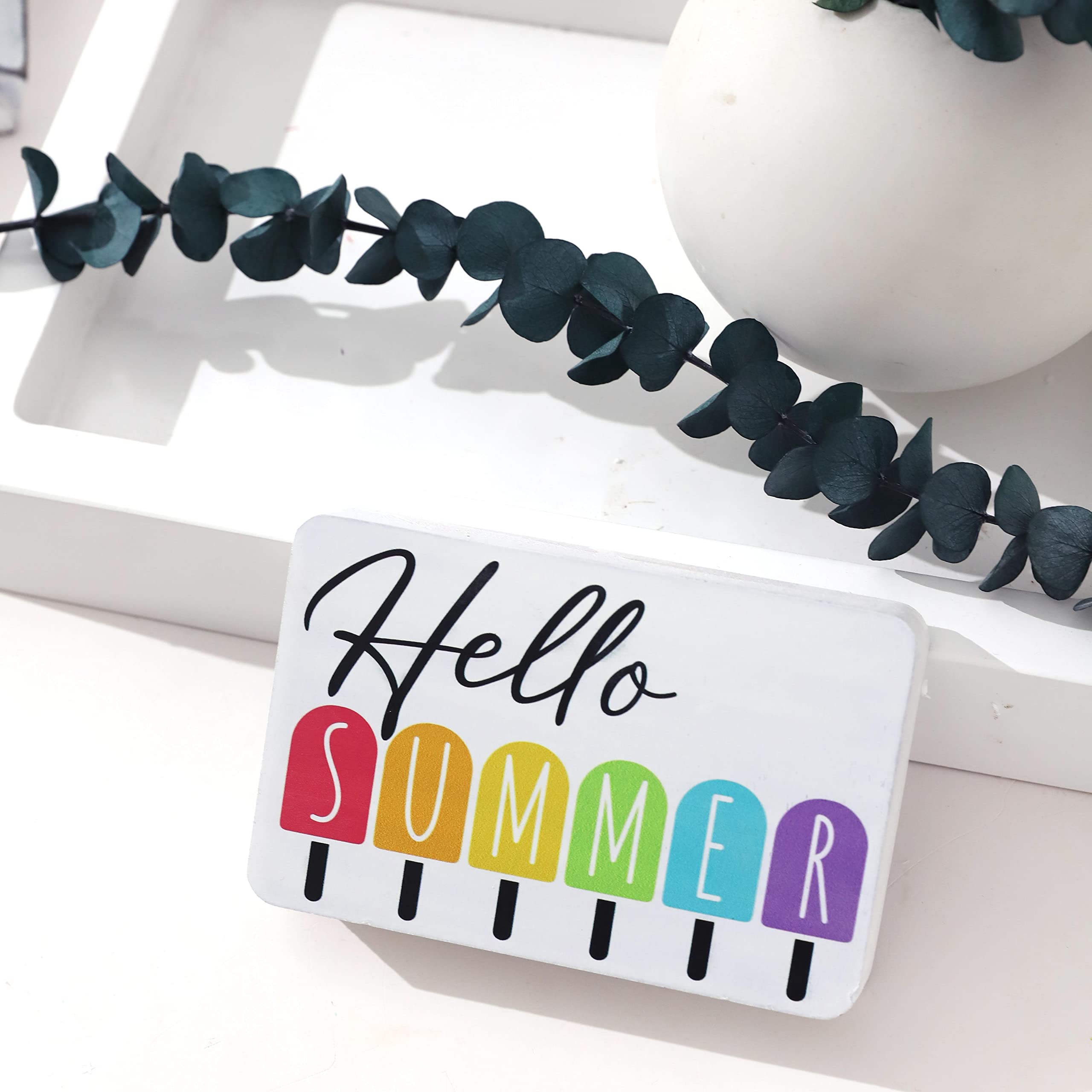 LINGANA Hello Summer Tiered Tray Sign - Distressed Sign, Rustic Decor, Mini Sign, Farmhouse Decor, Summer Decoration