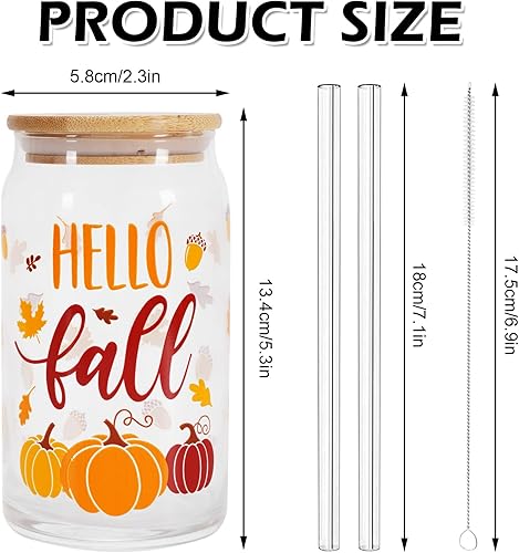 Miniatura 2 de Whaline Vasos para beber Hello Fall de 16 onzas, taza de vidrio de cosecha de otoño, taza de café helado con tapa de bambú, popote de vidrio,