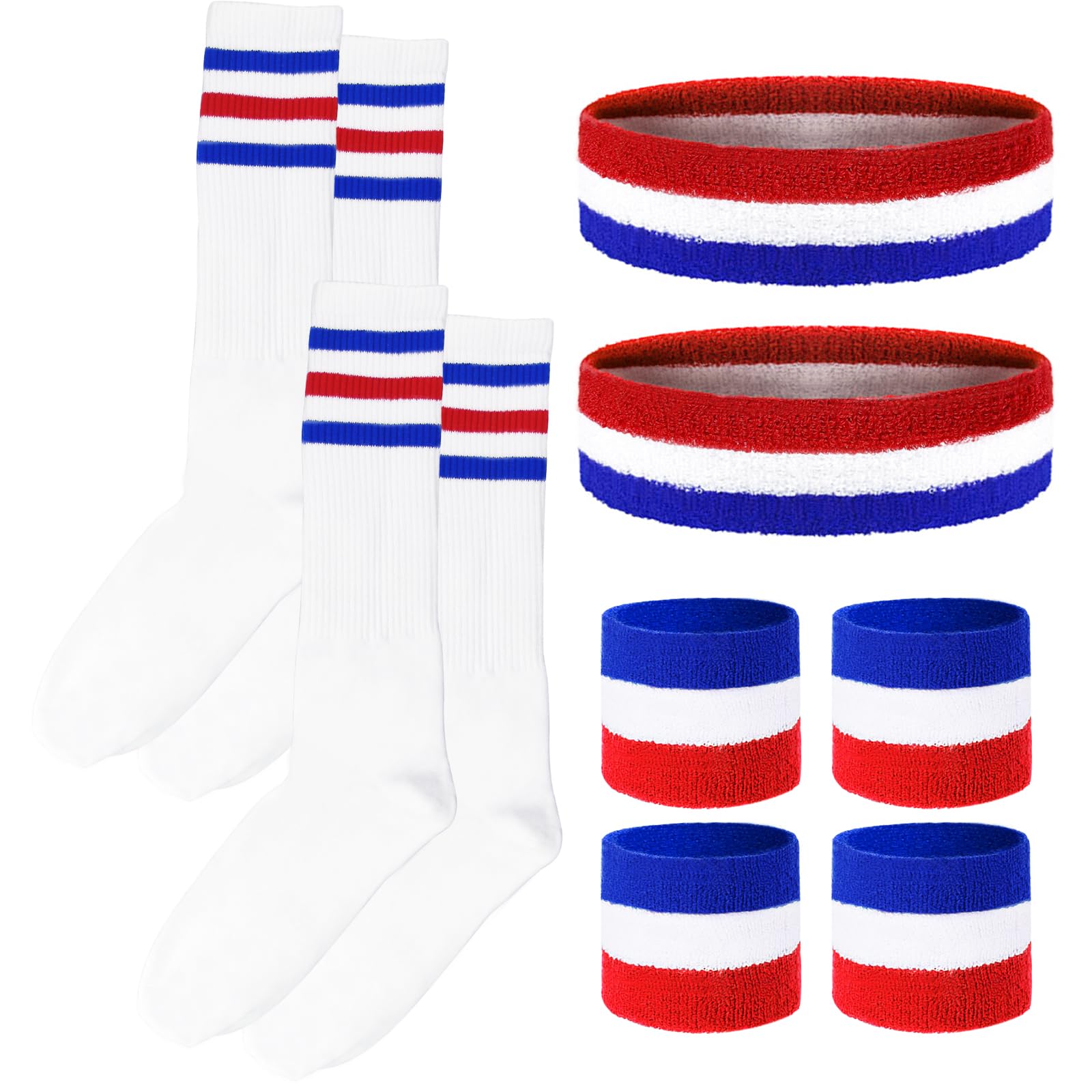 10 Pieces Striped Sweatbands and Striped Socks Set Headbands Wrist Sweat Bands for Men and Women Sports 80s 90s Fitness (Blue, Red and White)