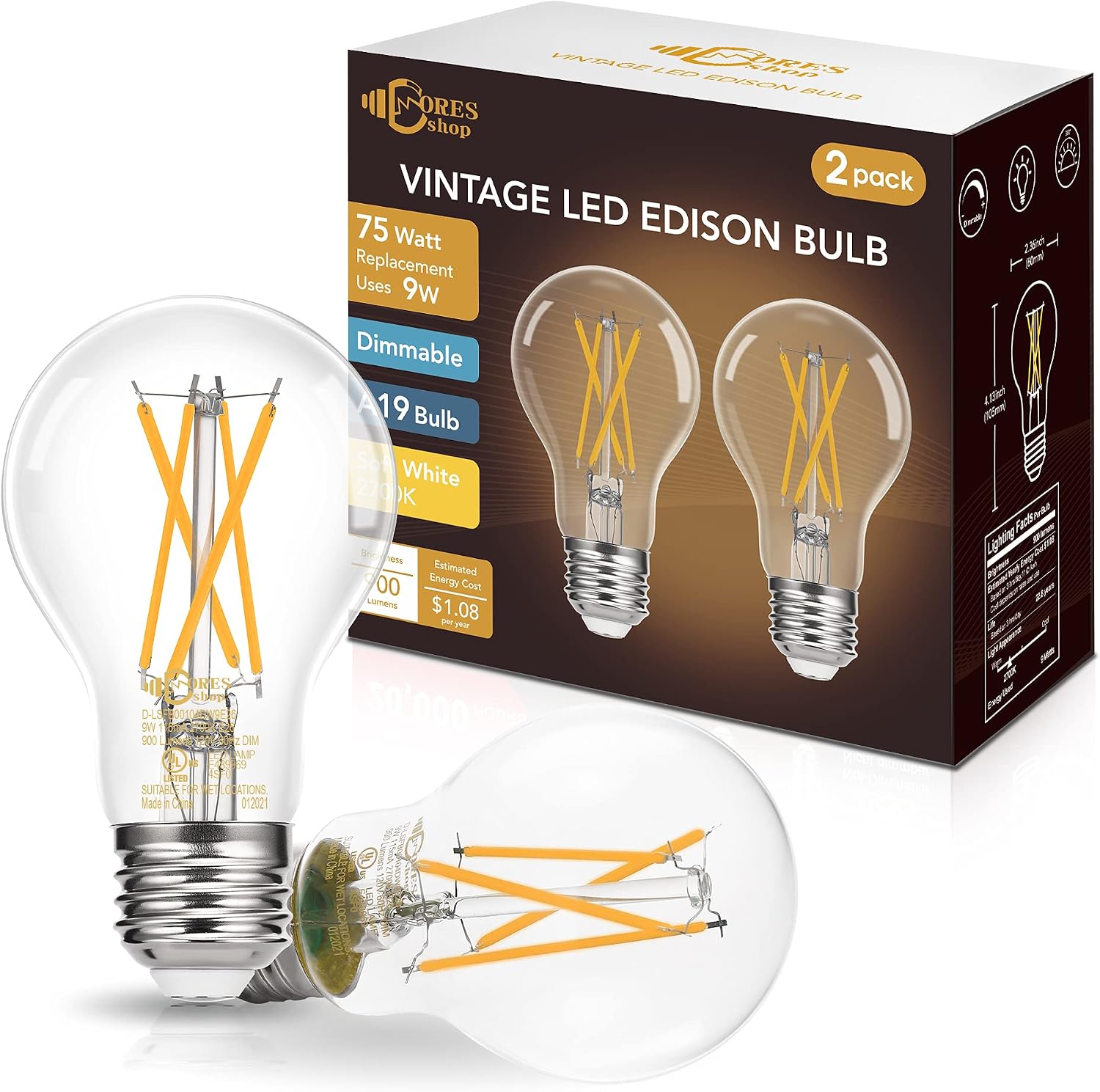 Dimmable A19 LED Edison Bulb 75W Equivalent, DORESshop 9W A19 Vintage LED Filament Bulb, 2700K Soft White, 900LM, Antique Style Decorative Bulbs for Cafe Home Office, Classic Clear Glass, 2Pack