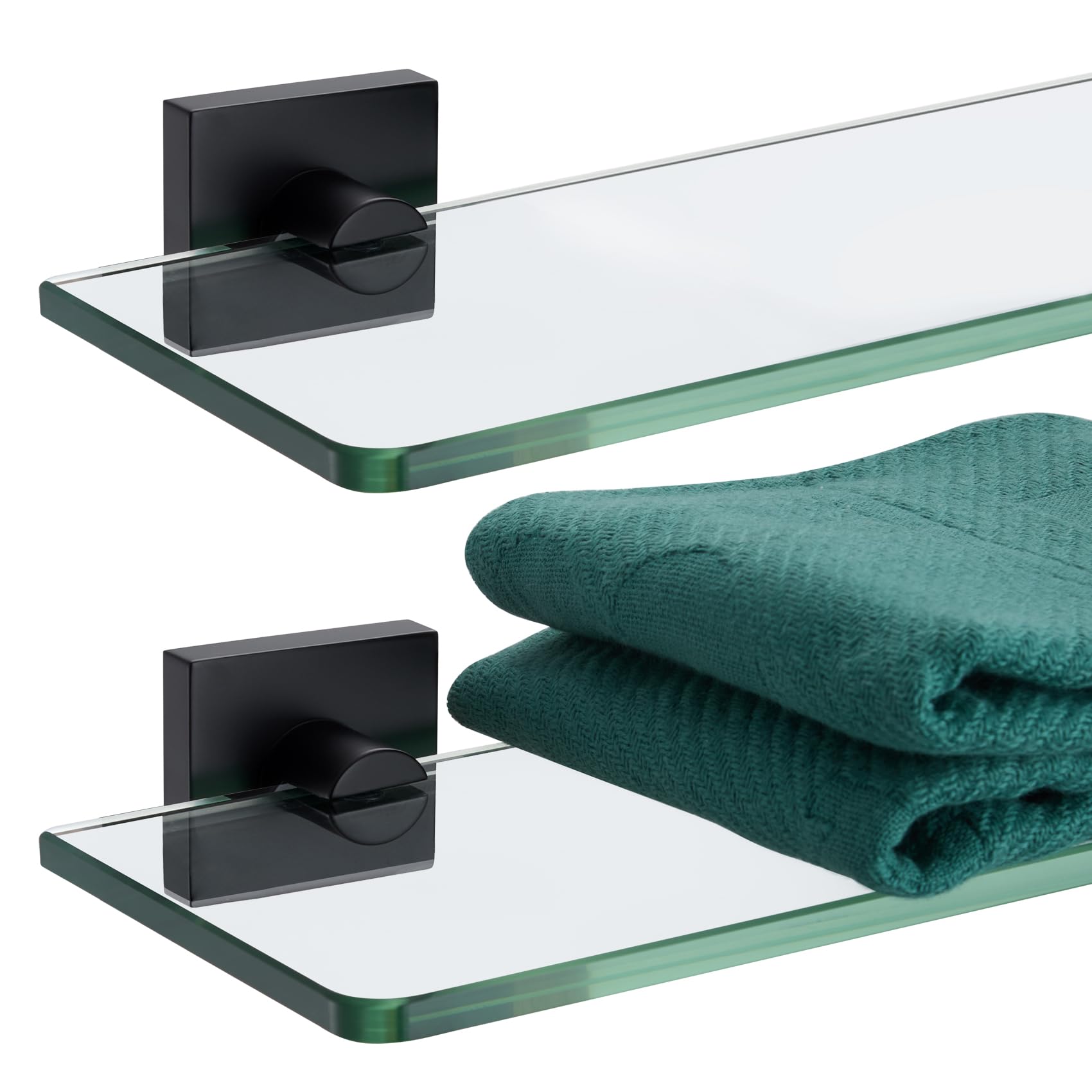 KOKOSIRI Bathroom Glass Shelf 16-Inch Tempered Glass Floating Shelves Shower Storage Kitchen Rack Wall Mount, 2 Pack Black Stainless Steel B1107BK-L16-P2