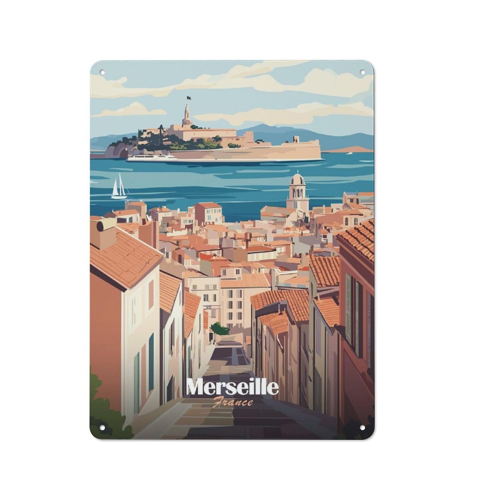 Marseille Cityscape Vintage Metal Wall Decor 40x30cm, Vintage Metal Sign for Cafe, Bistro, Bakery Or Restaurant
