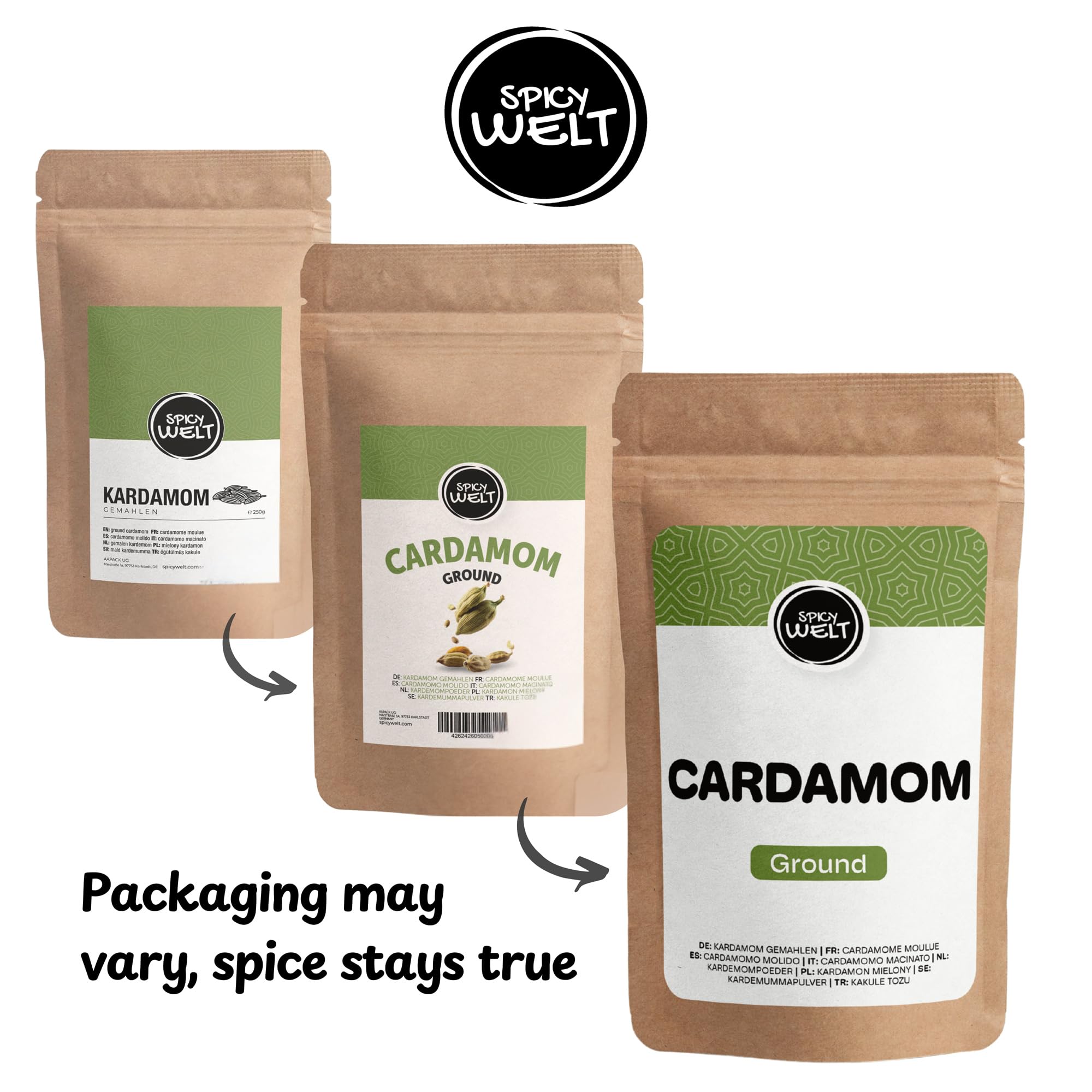 Spicy Welt Kardamon Mielony (250g) – Kardamon w Proszku do Kawy, Ciast Drożdżowych, Drożdżówek, Owsianki i Deserów | Egzotyczny Cytrusowy Aromat | 100% Naturalny, Bez Dodatków