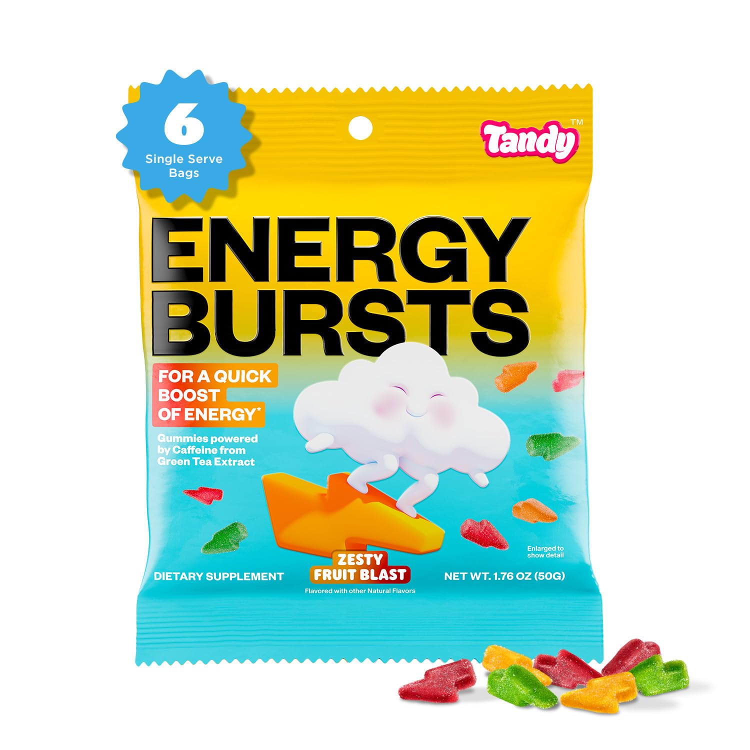 Tandy Energy Bursts Caffeine Gummies, 50 mg I Energy Boost Gummies with Zesty Fruit Blast Flavor I Caffeine from Green Tea Extract I Gluten-Free Fast-Acting Dietary Supplement Gummy I 6-Pack