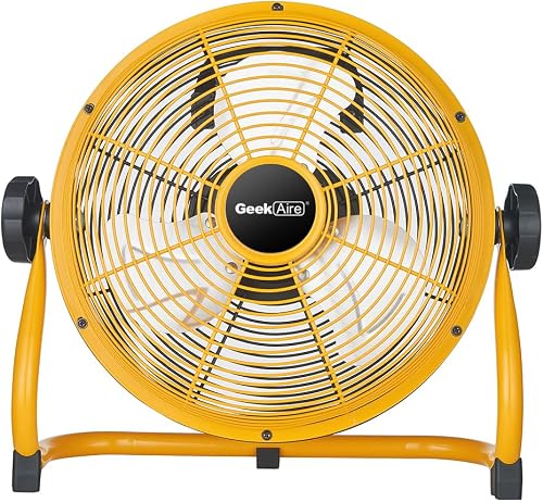 Geek Aire 10inch Rechargeable Outdoor High Velocity Floor Fan, Portable Battery Operated Fan with Metal Blade, 360°Vertical Tilt,24h Run Time Cordless Fan for Travel Tent Hurricane Camping Accessories