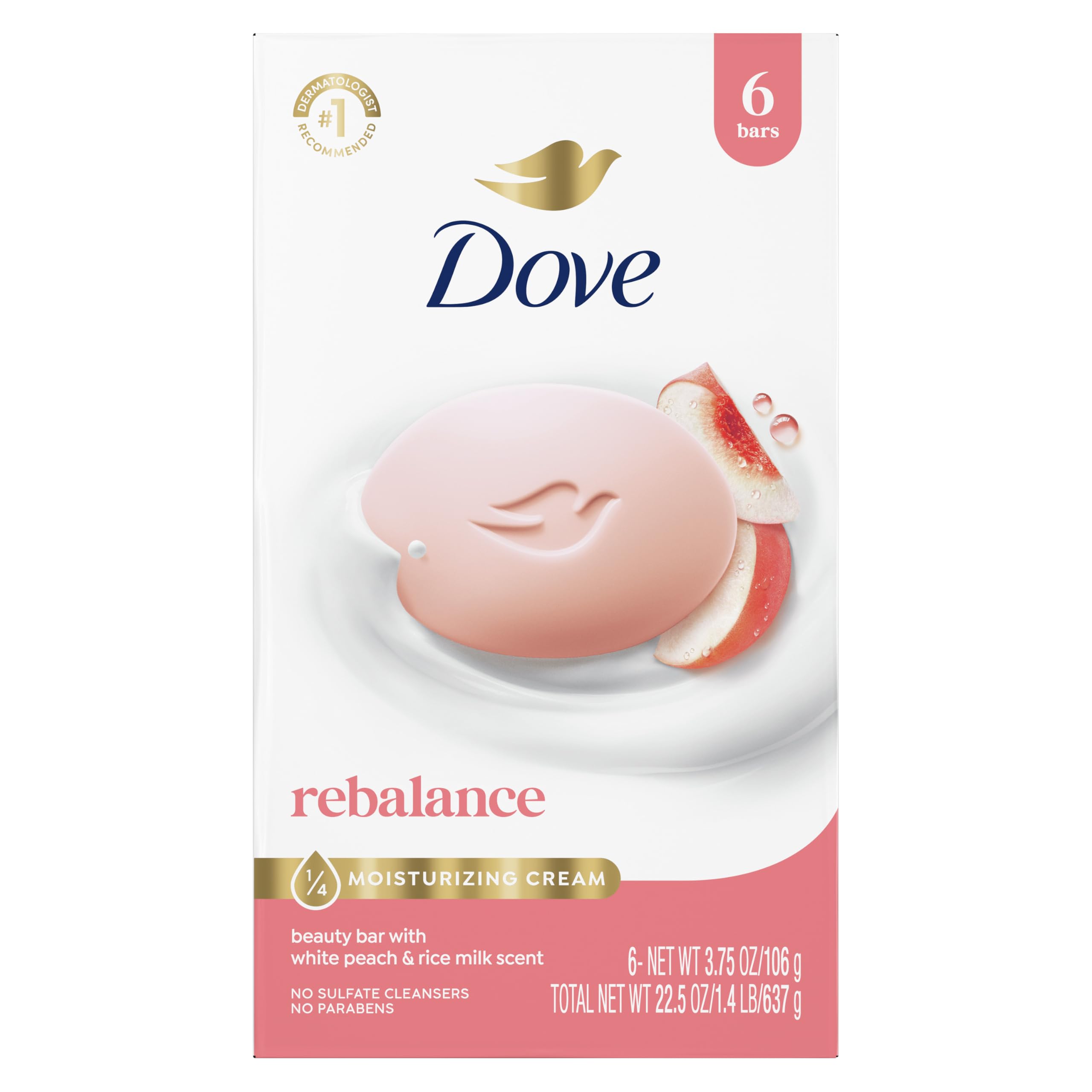 Dove Rebalancing Beauty Bar Soap 6 Count, White Peach & Rice Milk, 3.75 oz