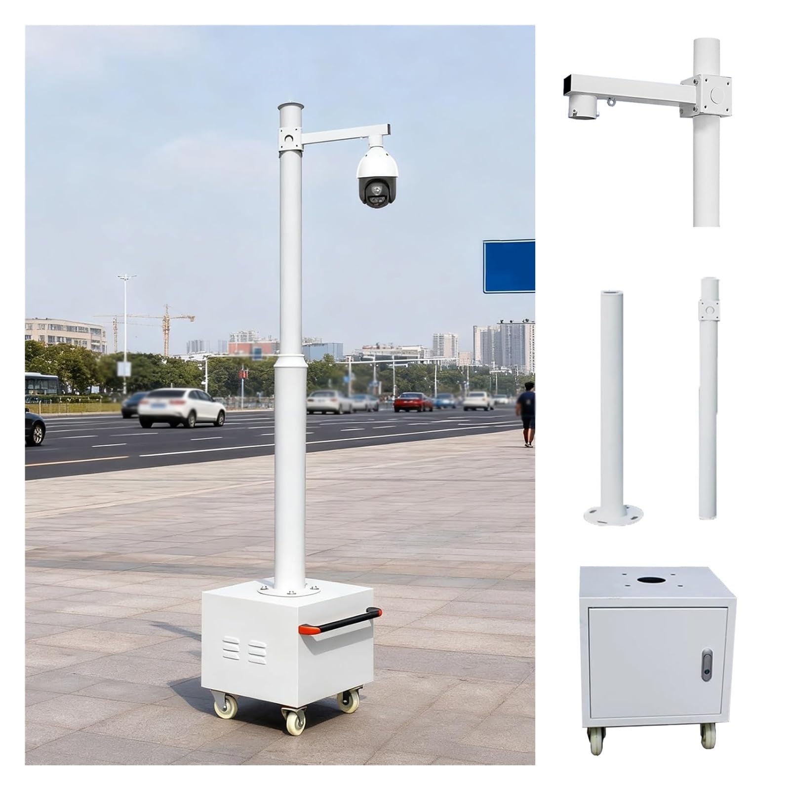Support de caméra de sécurité extérieure en acier galvanisé avec colonne et système d'extension, support universel mobile sur roulettes - 3 m (9,8 pi), réglable, portable et réutilisable, id
