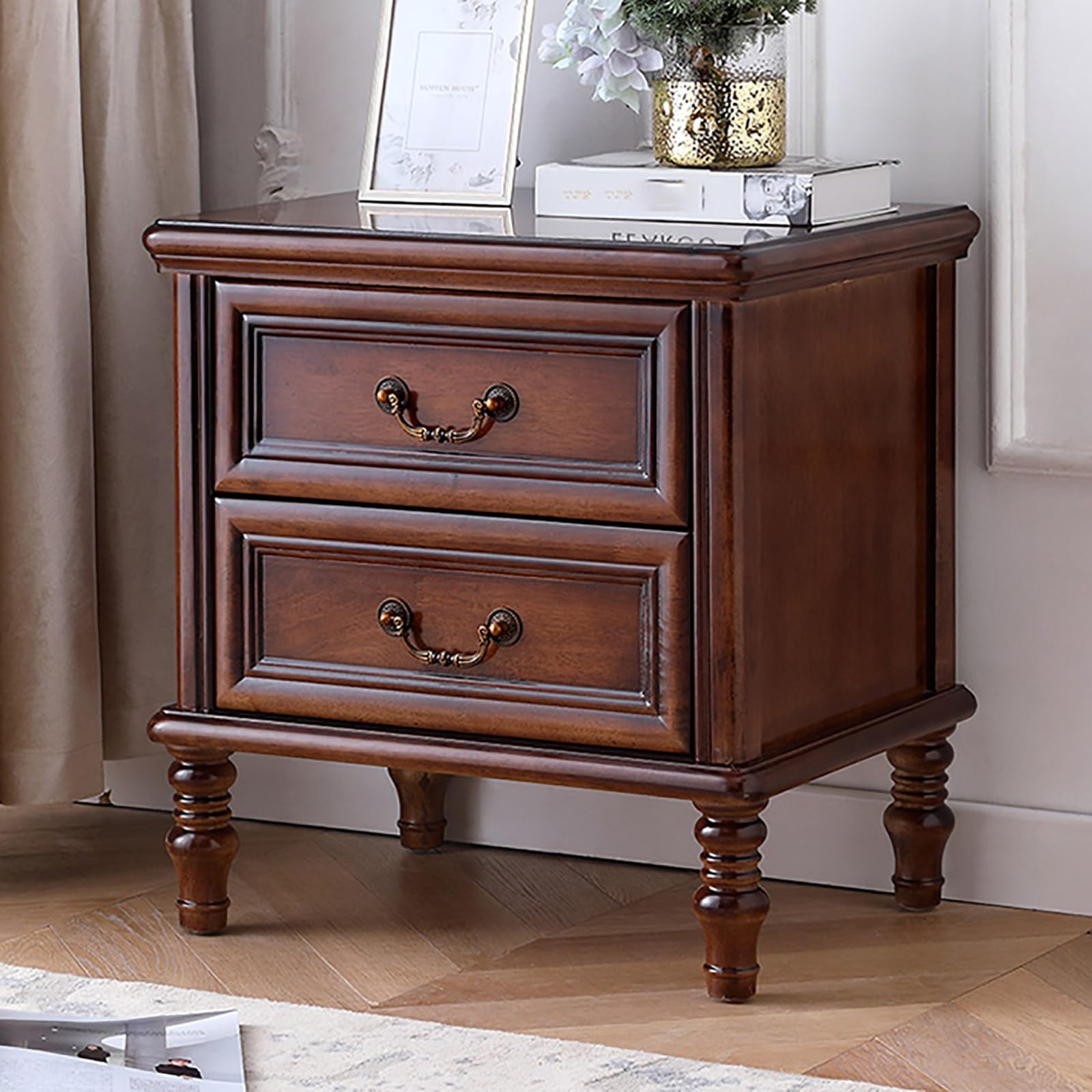 SXZenSpace Solid Pine Bedside Table with 2 Drawers, Stylish Bedroom Cabinet & Side Table, Compact Nightstand for Living Room (Brown, 54 cm)