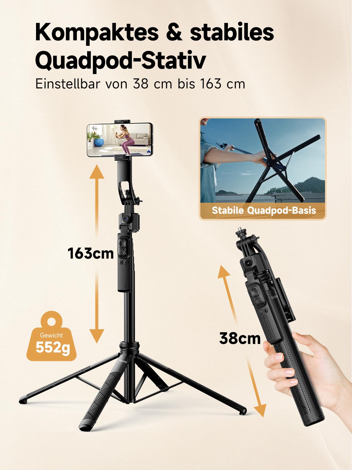 Handy Stativ mit Verfolgung, Rollei 360 Grad Rotation Automatic Face Tracking Smartphone Tripod Selfie Stick 163 cm mit Licht und Fernbedienung zum Filmen Vlog, Handy-Stative-Video-Smartphone-Tripod
