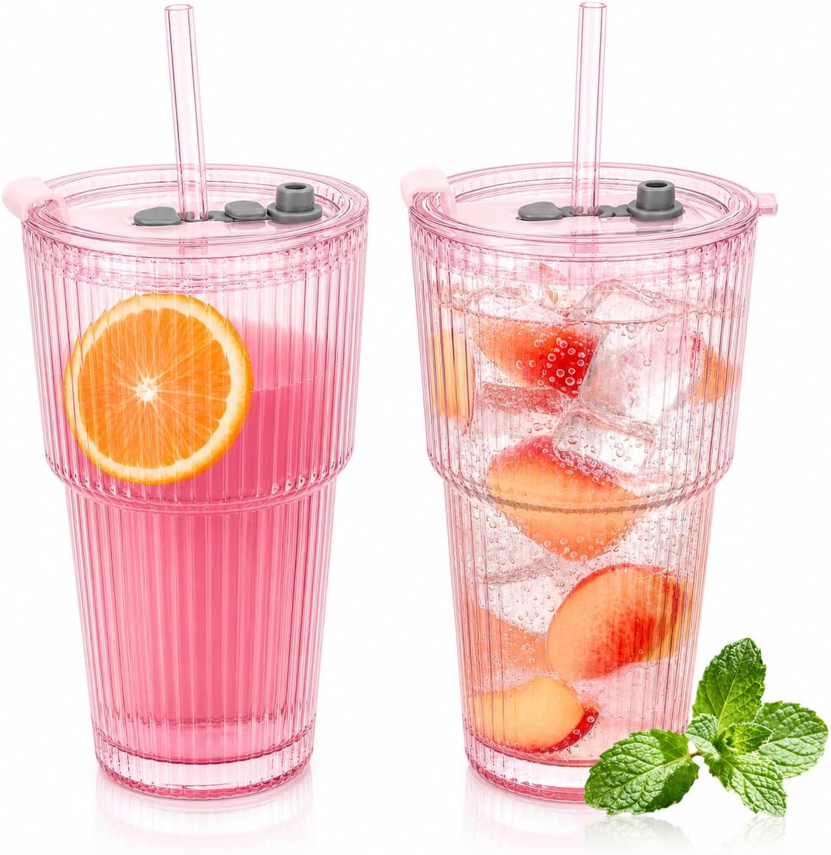 20oz Iced Coffee Cups with Lids - Set of 2, Pink, Reusable Glass Tumblers with Lids and Straws, Cute Ribbed Glassware for Cocktail Beer, Juice, Home, Office, Party Gifts, Dishwasher Safe
