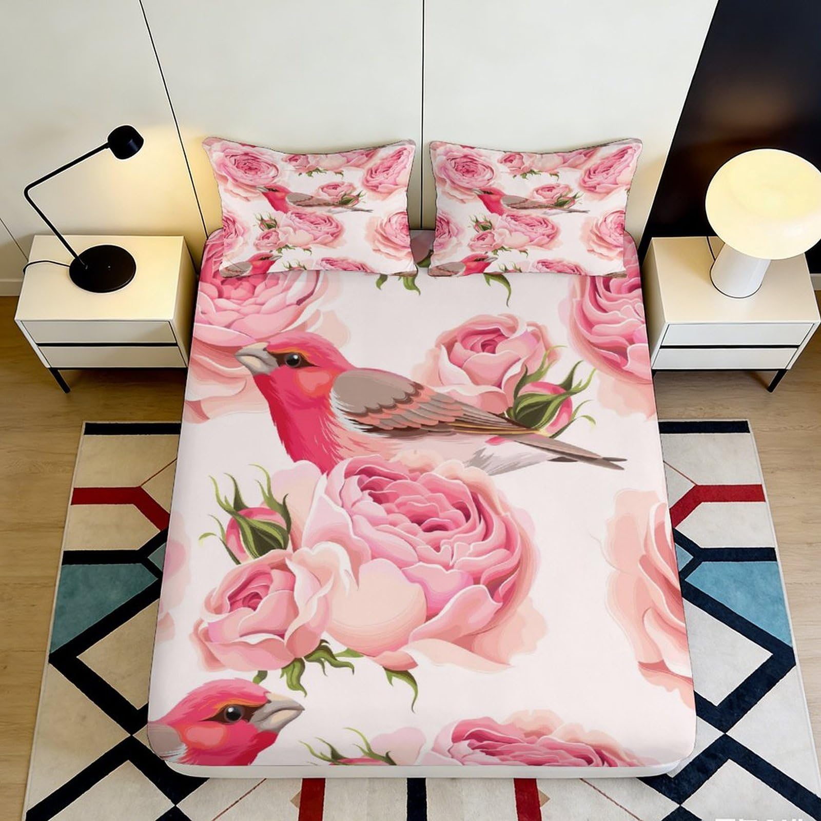 Pnayamiorkfel Style-4 3D Printed Pink Bird Rose Fitted Sheet Microfiber Soft Breathable Bed Sheet For Bedroom Guest Room Decor 90X200x25cm