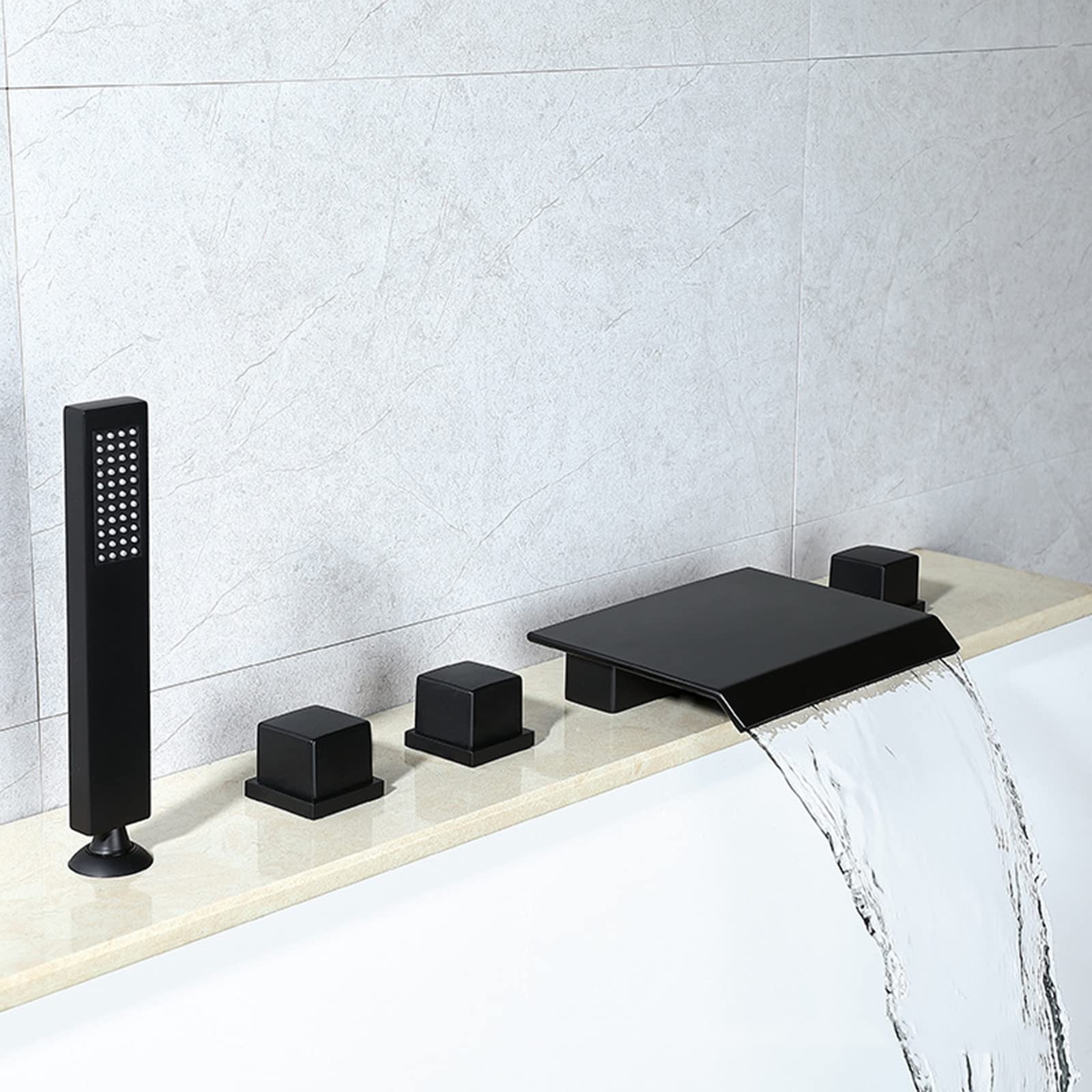 Grifo de bañera con caño de Cascada y Ducha de Mano, Color Negro Mate, Grifo de bañera de Montaje en Cubierta, 5 Orificios, 3 manijas, Grifo Mixto para baño, Grifo de bañera de alt