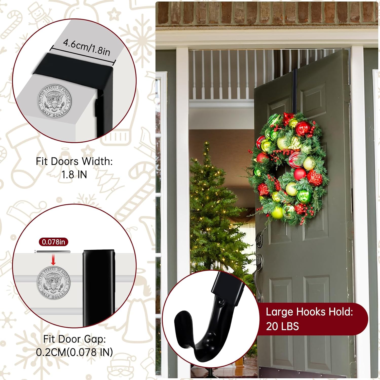 Black Door Wreath Hanger,Adjustable Wreath Hanger-Length From 15 To 25 In
