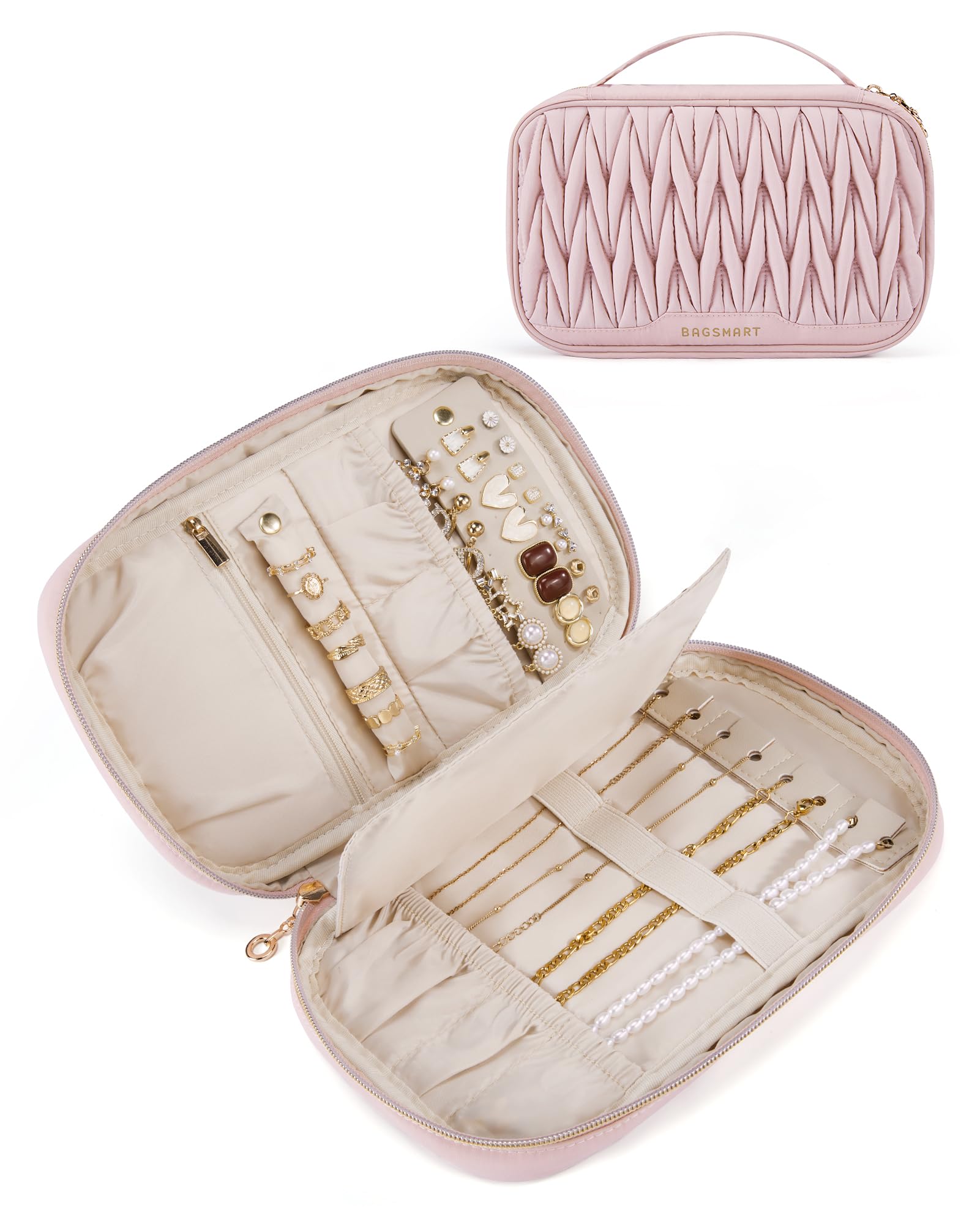 BAGSMART Travel Jewelry Case Jewelry Organizers and Storage Earings Holder Organizer for Women Necklace Holder Jewelry Rolls for Necklaces, Earrings, Bracelets-Pink