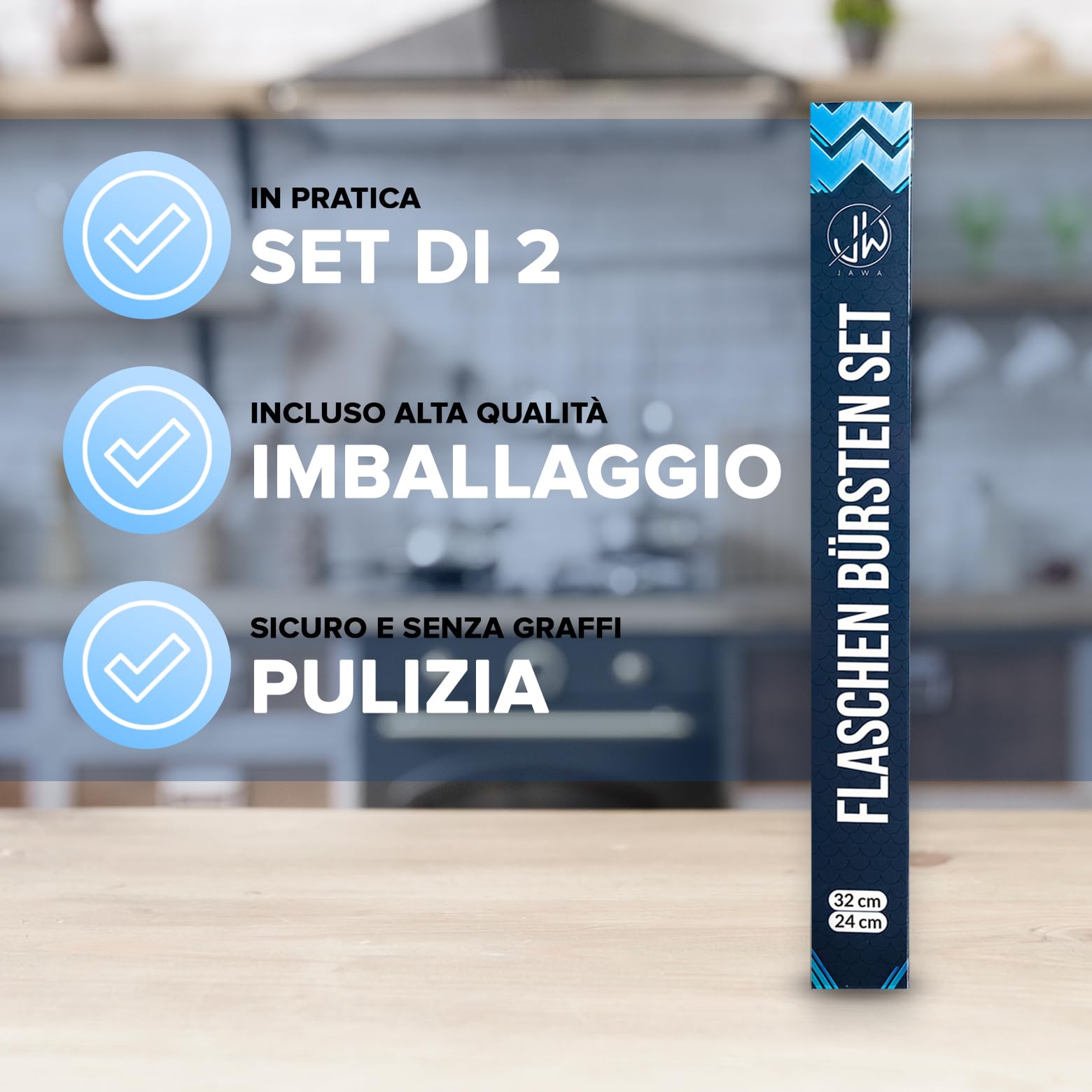 JAWAonline Set di spazzole per lavello 32 cm e 24 cm - Spazzola per bottiglie in silicone delicato e senza graffi - Spazzola flessibile per la pulizia delle bottiglie