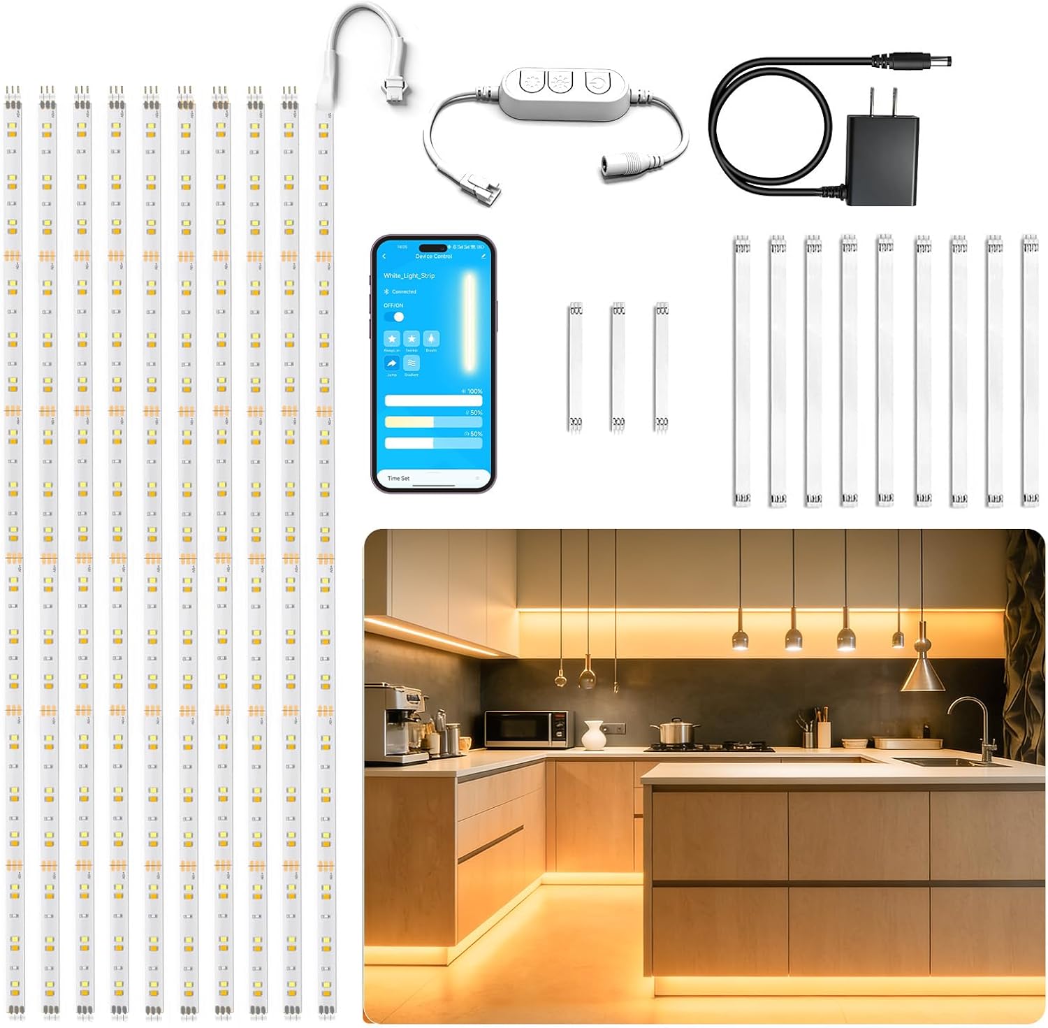 DAYBETTER Under Cabinet Lighting, 10 PCS Under Cabinet Lights, 2700K-6500K Tunable White LED Strip Lights with APP, Dimmer, 24V Power Adapter, LED Lights for Bedroom, Kitchen, Shelf, Counter, 16.4ft