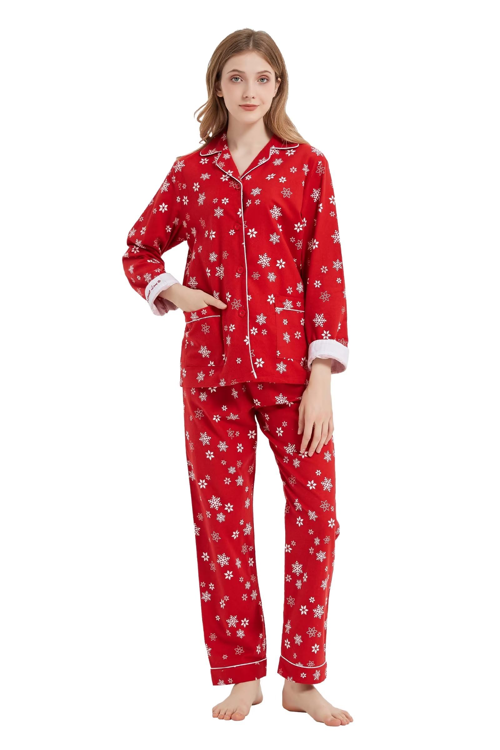 Kolipajam Women's Red-Snowflake 100% Cotton Flannel Pyjama Set Cozy Drawstring Waist Winter Pjs For